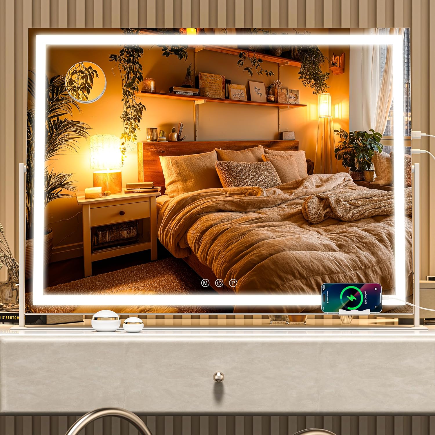 Vanity Mirror with Lights, 30'' x 22'' Lighted Makeup Mirror, Touch Screen with 3-Color Lighting, Dimmable for Vanity Desk Tabletop Square White White 30"L x 22"W