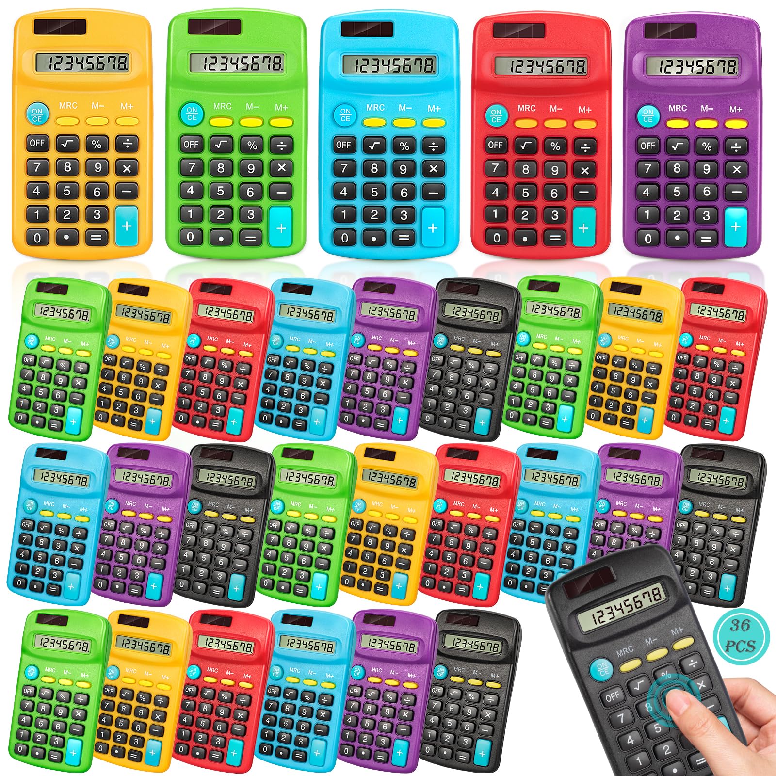 Taschenrechner, Taschenformat, Mini mit 8-stelligem Display, Solar-/Batterie-Dual-Power, Großpackung für Studenten, Klassenzimmer, Junior High, Schule, Zuhause und Büro, 6 Farben, 36 Stück