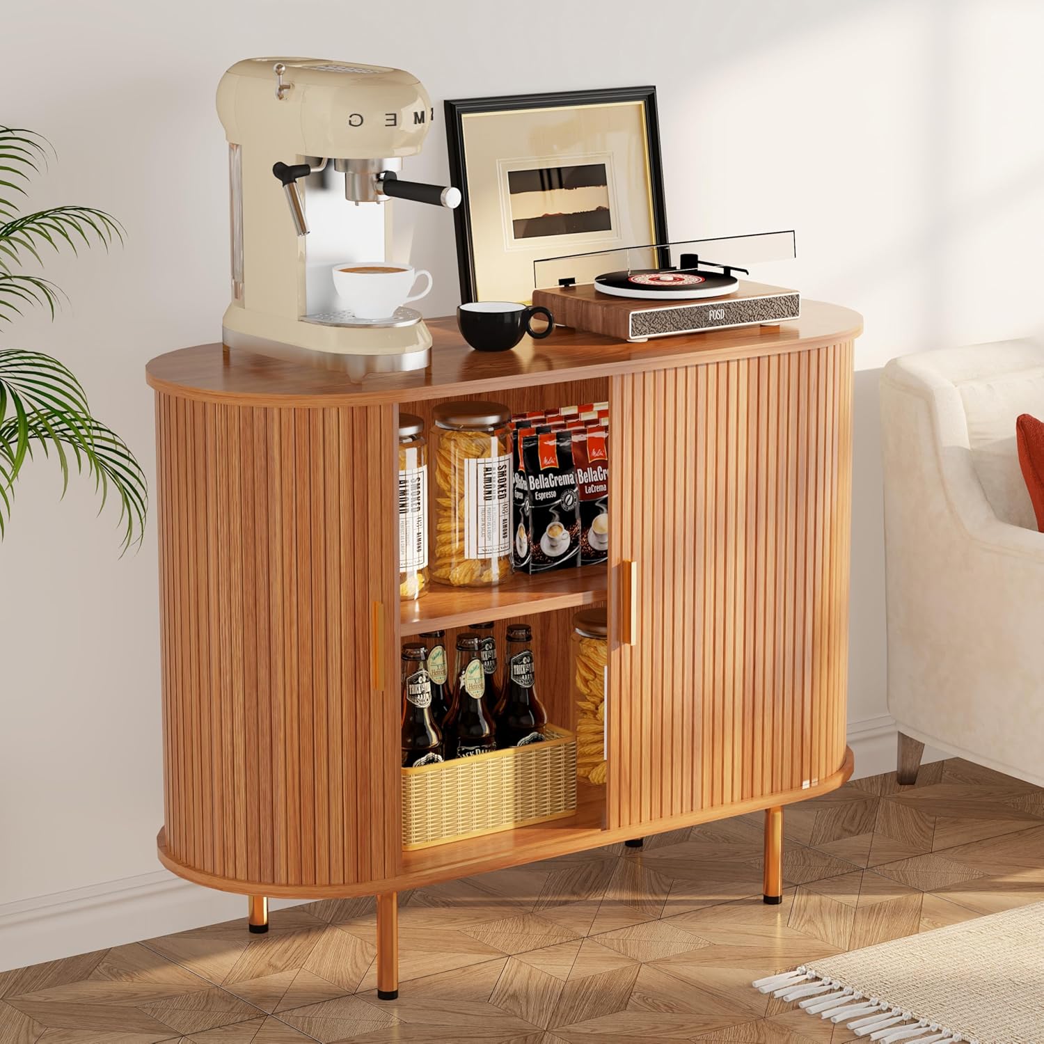 Sideboard Buffet Cabinet with Stora, Mid Modern Fluted