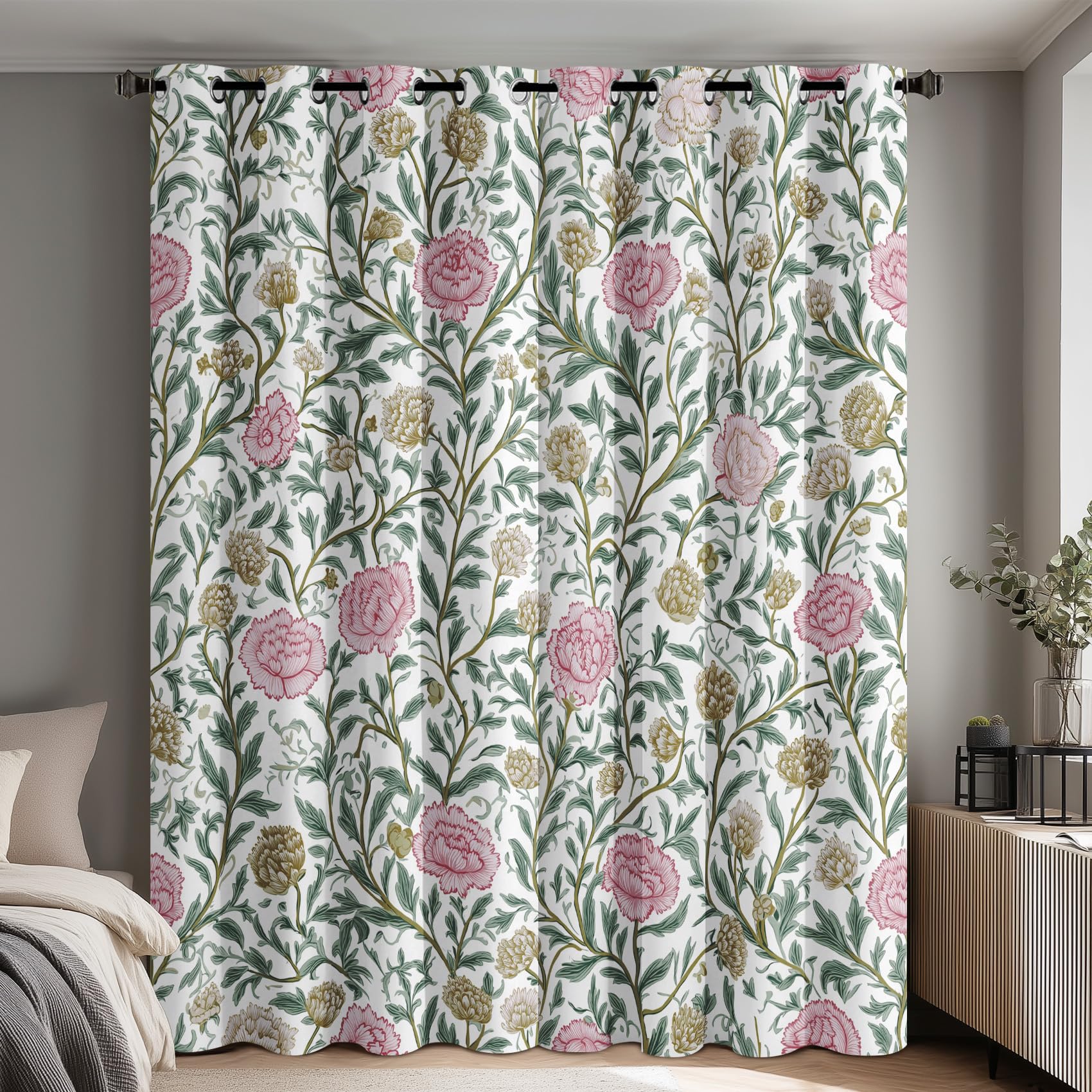 Vintage Floral Curtains for Bedroom Living Room, William Morris Flower Blackout Curtains Eyelet 108 Drop 2 Panels, Patterned Window Drapes, Home Decor 90x108 Inch B-D117