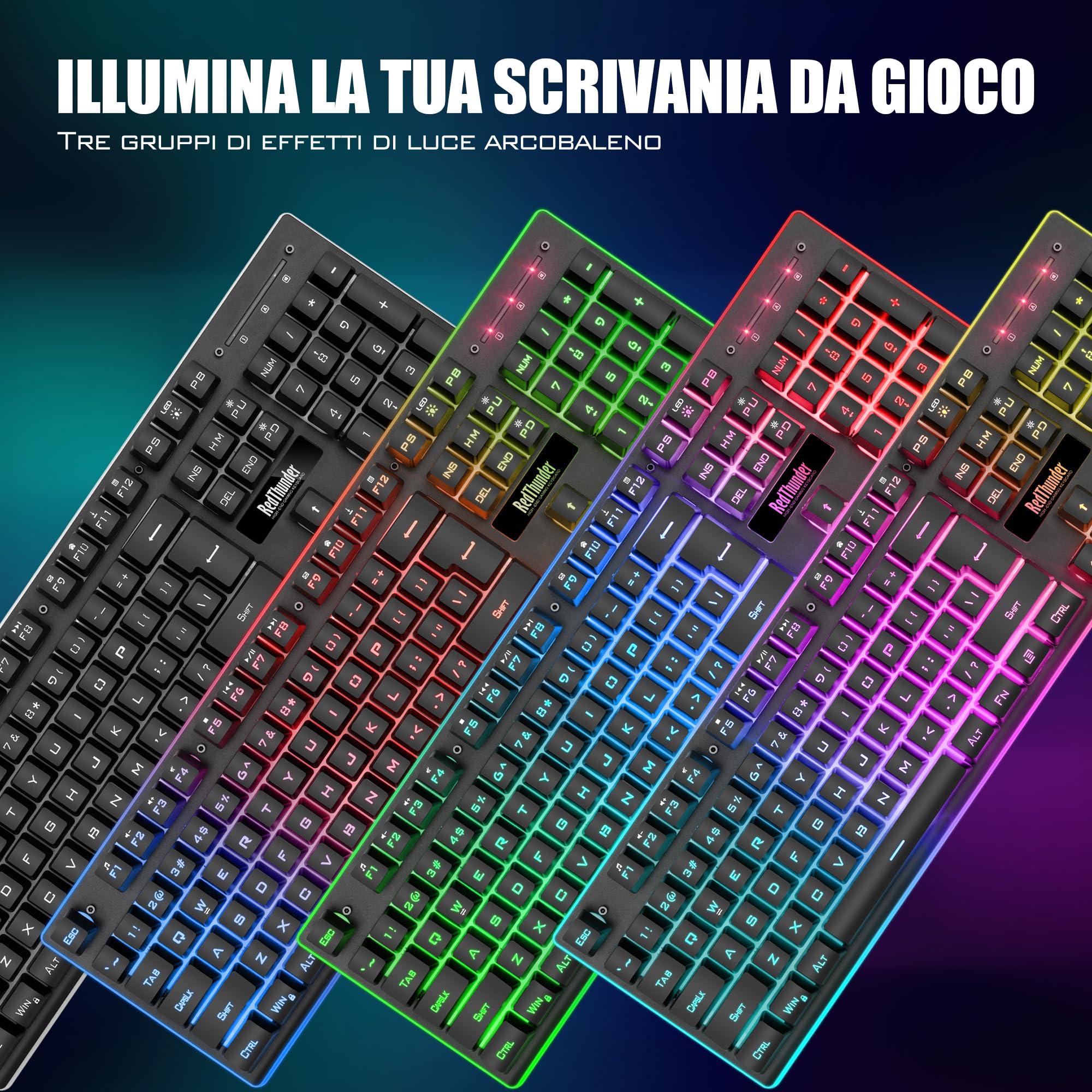 RedThunder K10 Set Tastiera e Mouse da Gioco Wireless, Retroilluminazione a LED, Batteria Ricaricabile da 3800 mAh, Sensazione Meccanica, Anti-Ghosting+Mouse 7D 3200DPI, Layout IT QWERTY, Giocatori PC