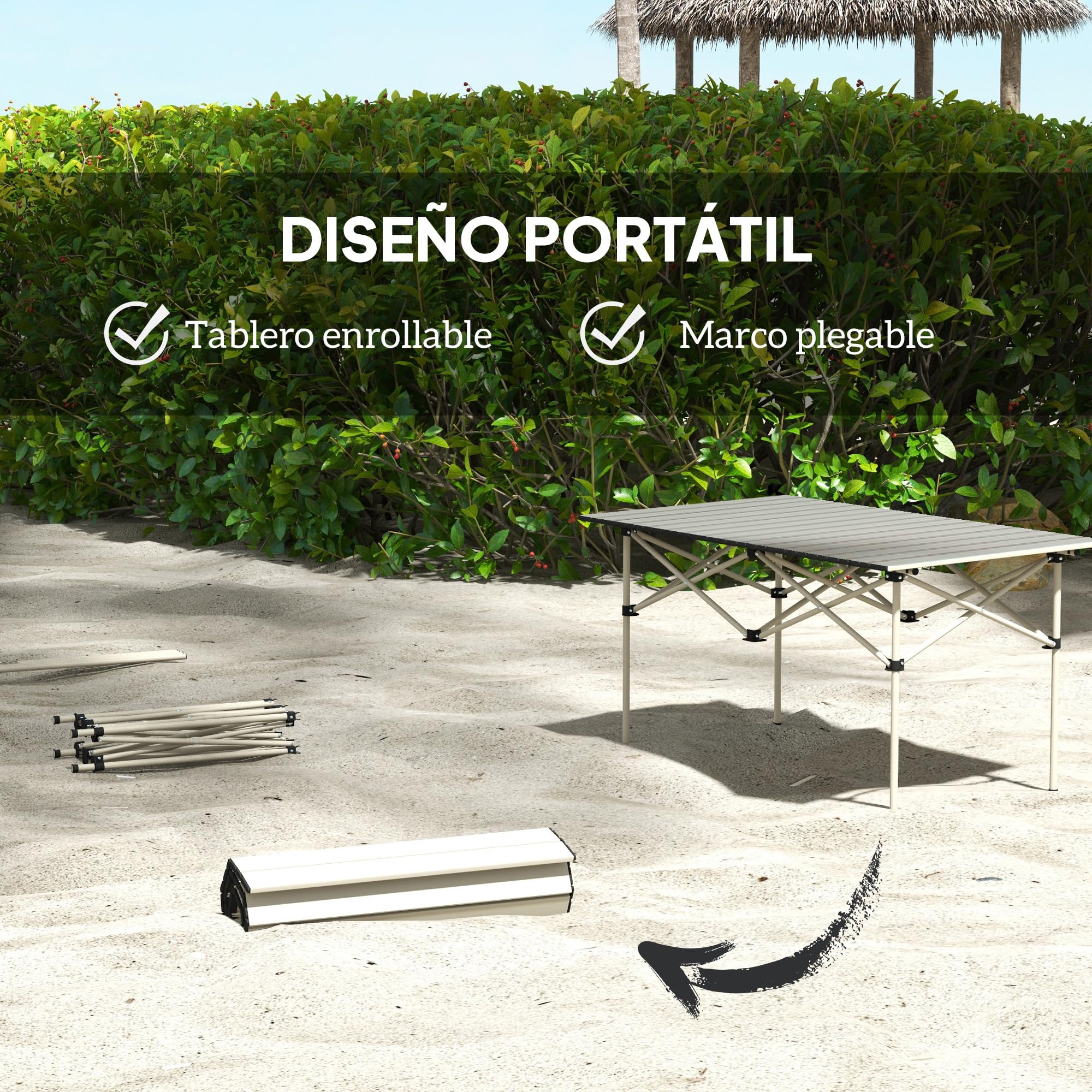 Outsunny Mesa Plegable Camping de Aluminio 95x55x50 cm con Tapa Enrollable y Bolsa de Transporte Mesa de Picnic Portátil Ligera para Acampar Senderismo Playa Caqui
