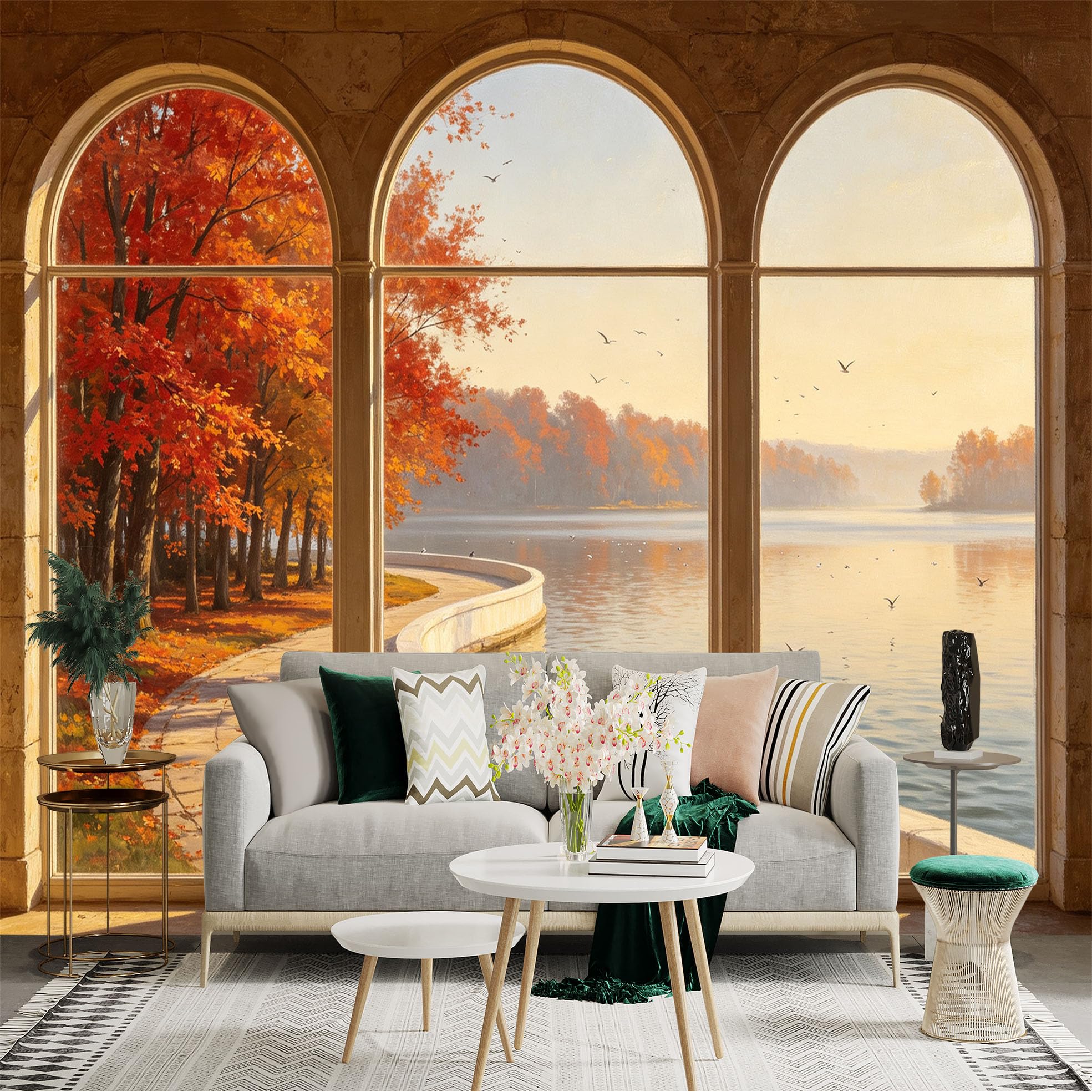 Custom Size Wall Sticker Mural， Autumn Lake View with Stone Path， Red Maple Trees， Scenic Window Archway， for wall Decoration， peelandstick wall Decals.