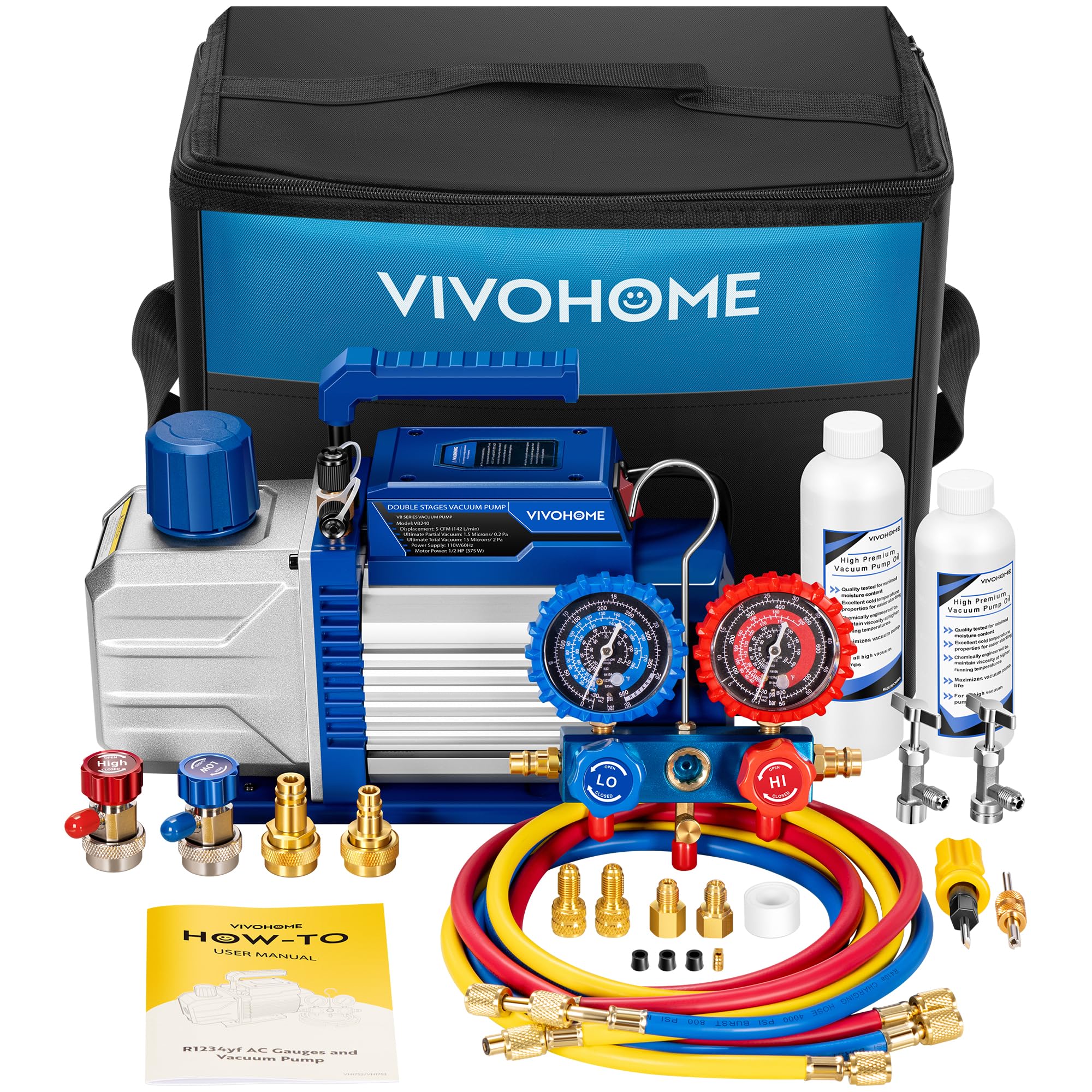 VIVOHOME A2L 1/2 HP 5CFM Dual Stage AC Vacuum Pump and Manifold Gauge Set