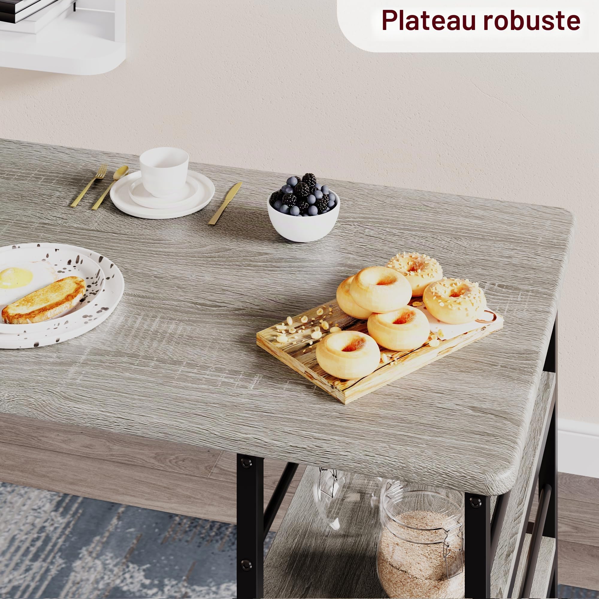Table Bar Cuisine avec 2 Chaises Rembourré, Table de Bar Bois avec 3 étagères, Ensembles de Salle à Manger pour Cuisine,Petit Espace et Appartement (Gris)