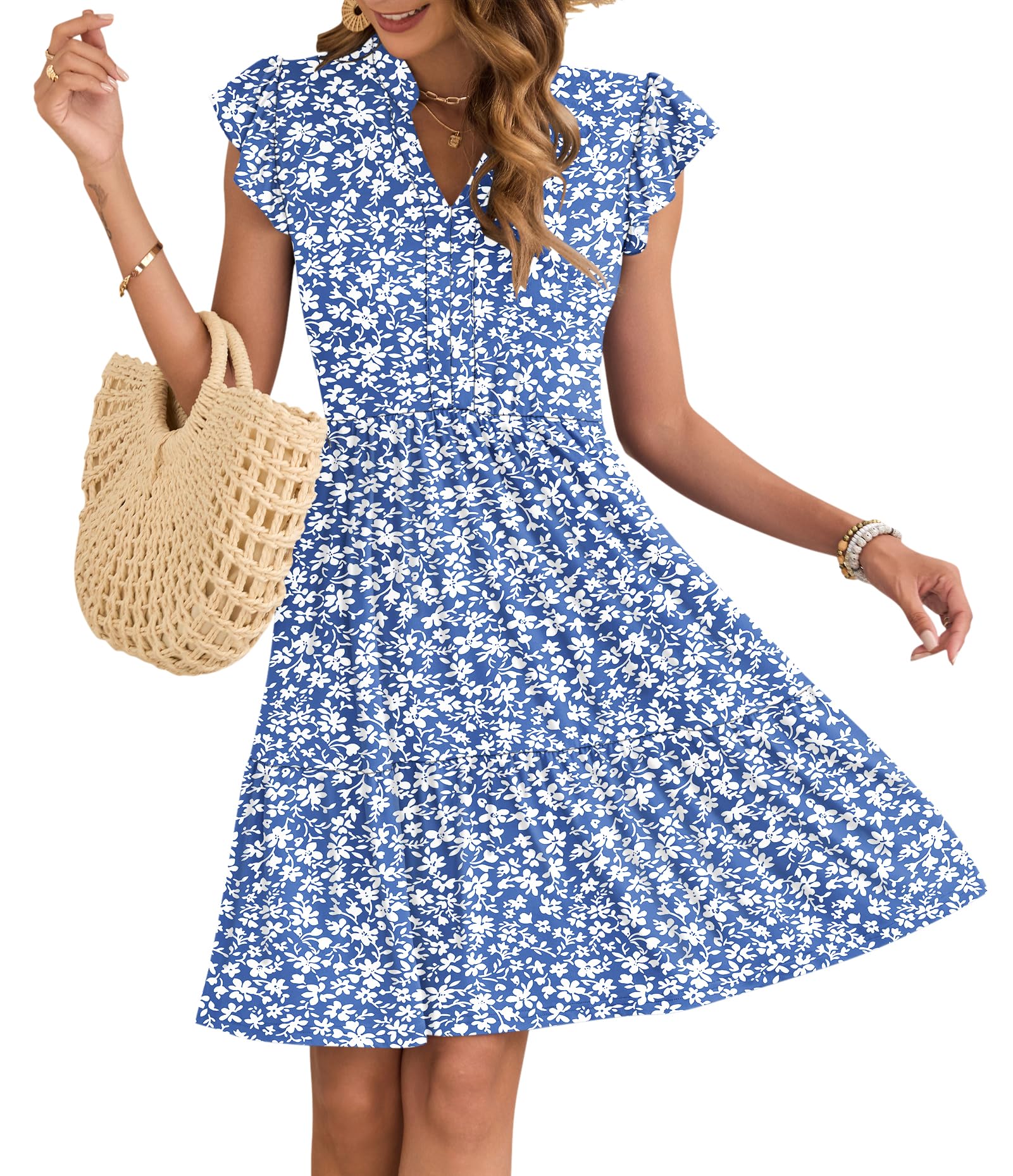 AUSELILY Summer Dress for Women 2026 V Neck Ruffled Sleeve Beach Sun Dress A Line Casual Dresses with Pockets