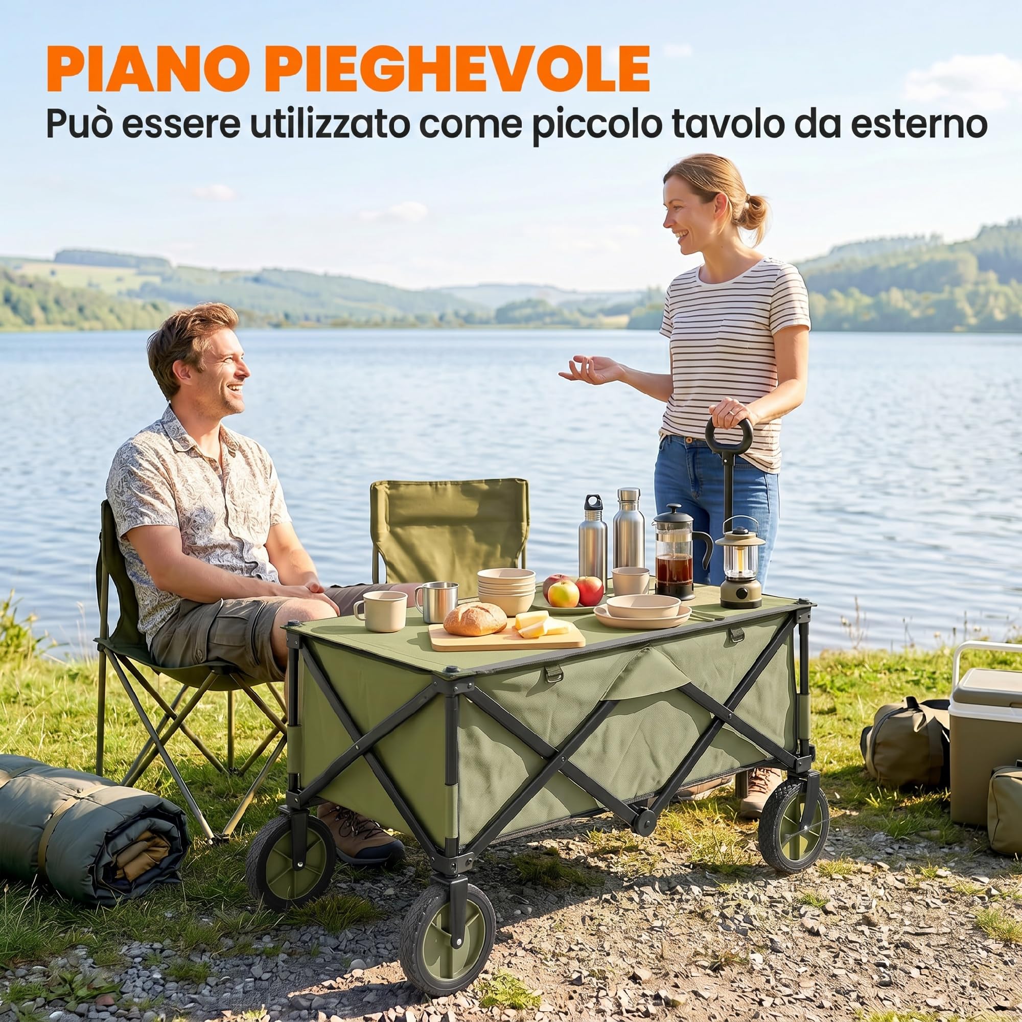 Outsunny Carrello da Giardino Pieghevole 125L 108x55x93 cm Verde | in Acciaio e Tessuto Oxford con Maniglia Retrattile e 5 Sacche