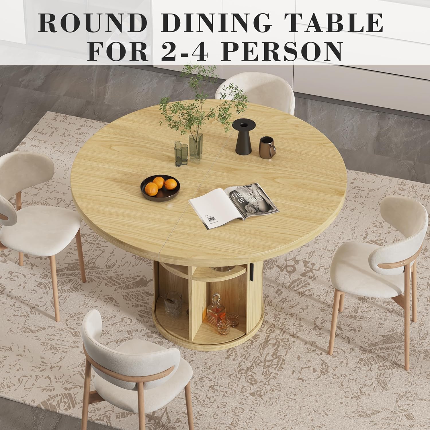 35.5'' Round Pedestal Dining Table, Modern Fluted Dining Room Kitchen Table with Storage Shelf, Wood Base Dinner Tables for Kitchen, Breakfast Nook, Small Space, Living Room(Natural)