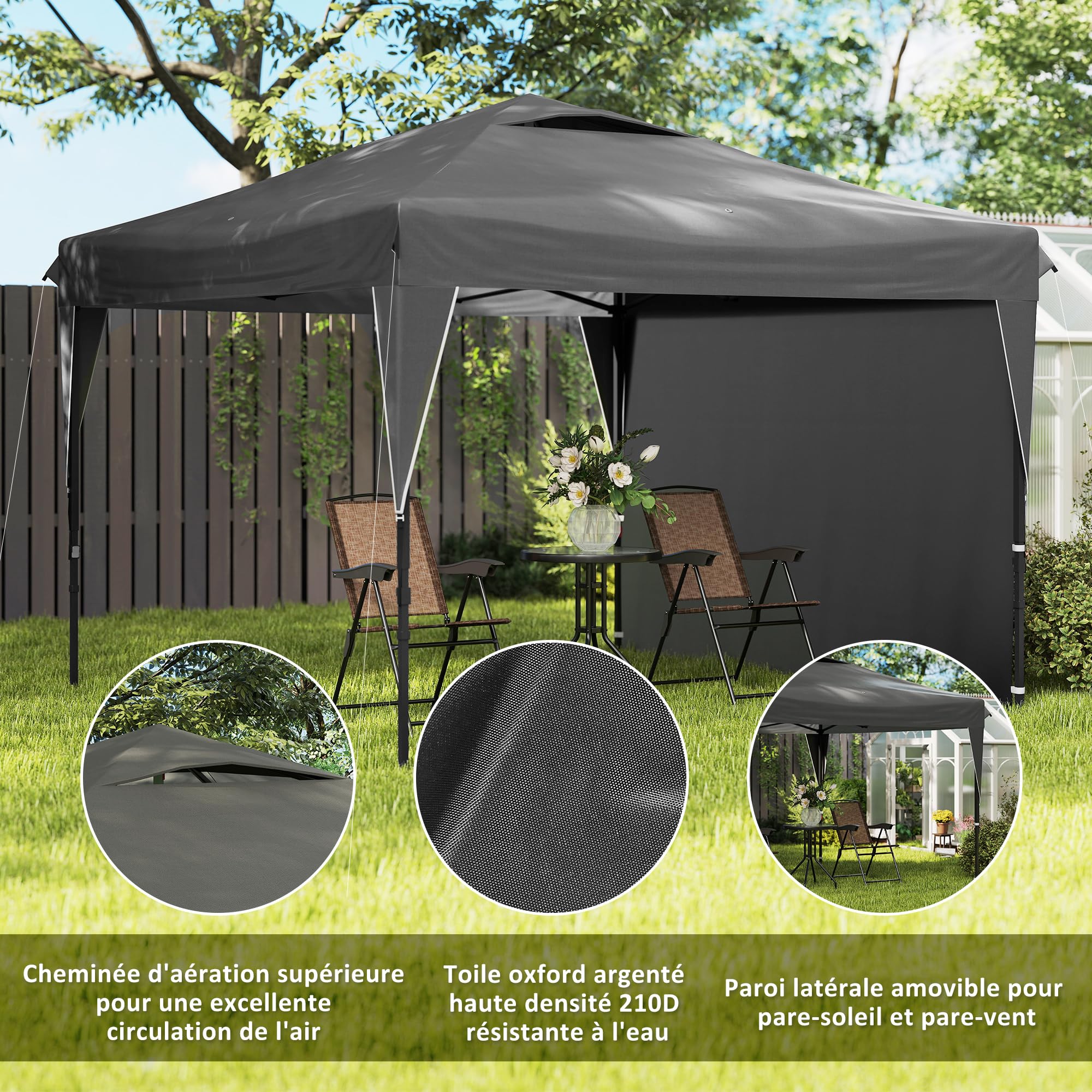 Outsunny Tonnelle Pop-Up Pliant Paroi Latérale Amovible 3x3x2,65m Gris