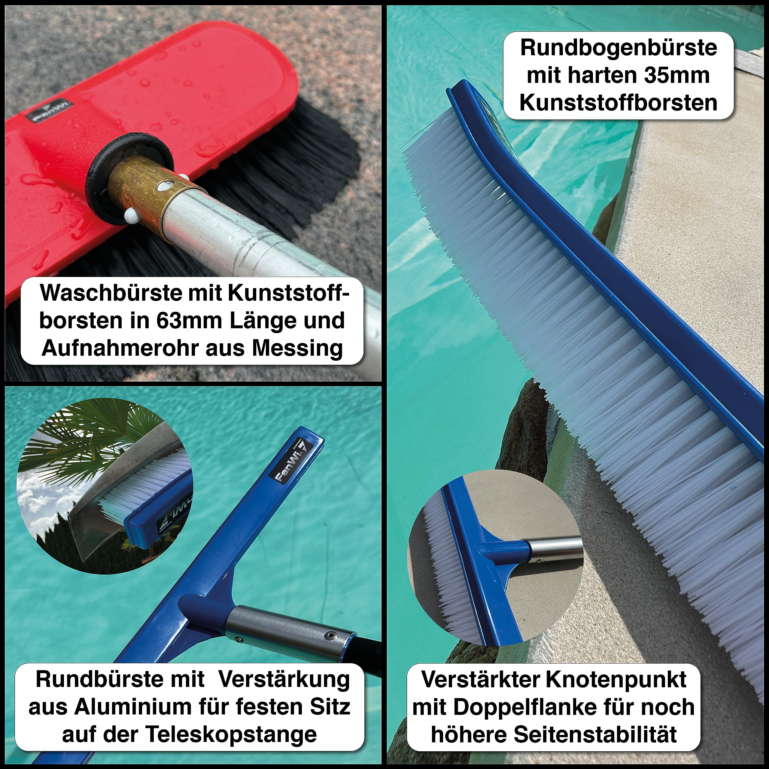 FenWi 4m Komplett Set zur Poolreinigung und Teichreinigung / 2X Kescher und 2X Bürste/Teleskopstange mit Oberflächenkescher Tiefenkescher Poolbürste Teichbürste
