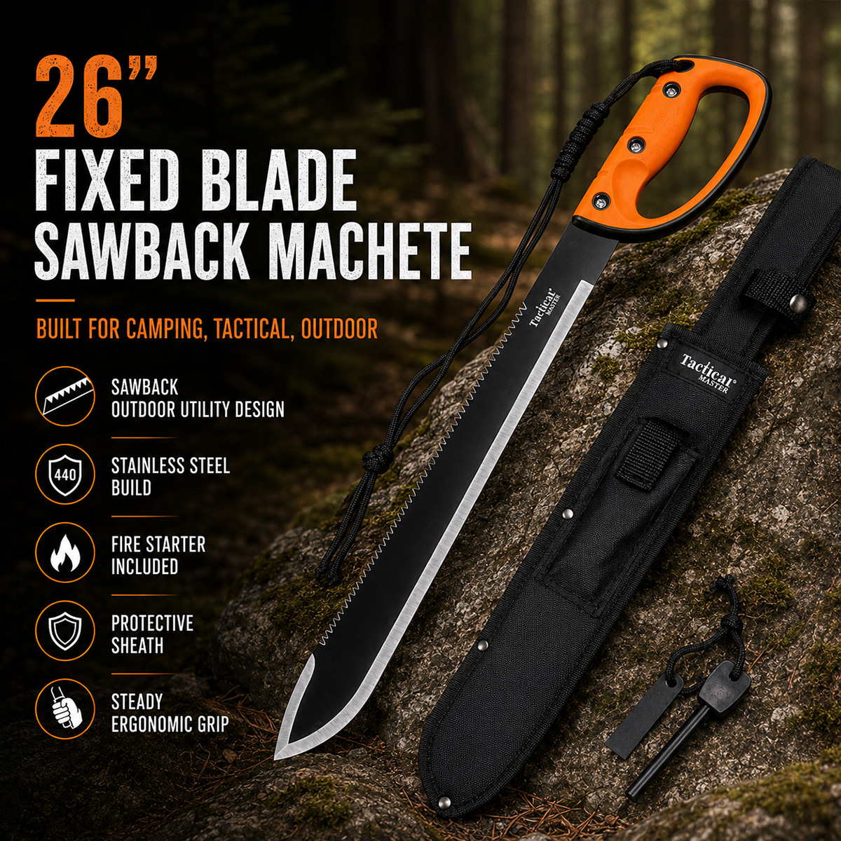 Tactical Master 26 Inch Fixed Blade Sawback Machete with Fire Starter – Ideal for Camping and Outdoor Adventures