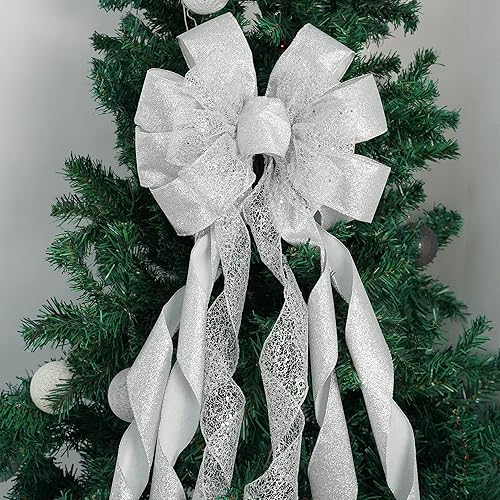 Miniatura 8 de MEEDEE Lazos de Navidad plateados para árbol, gran lazo plateado, 12 pulgadas de ancho, lazo plateado para árbol de Navidad, lazo de red plateada