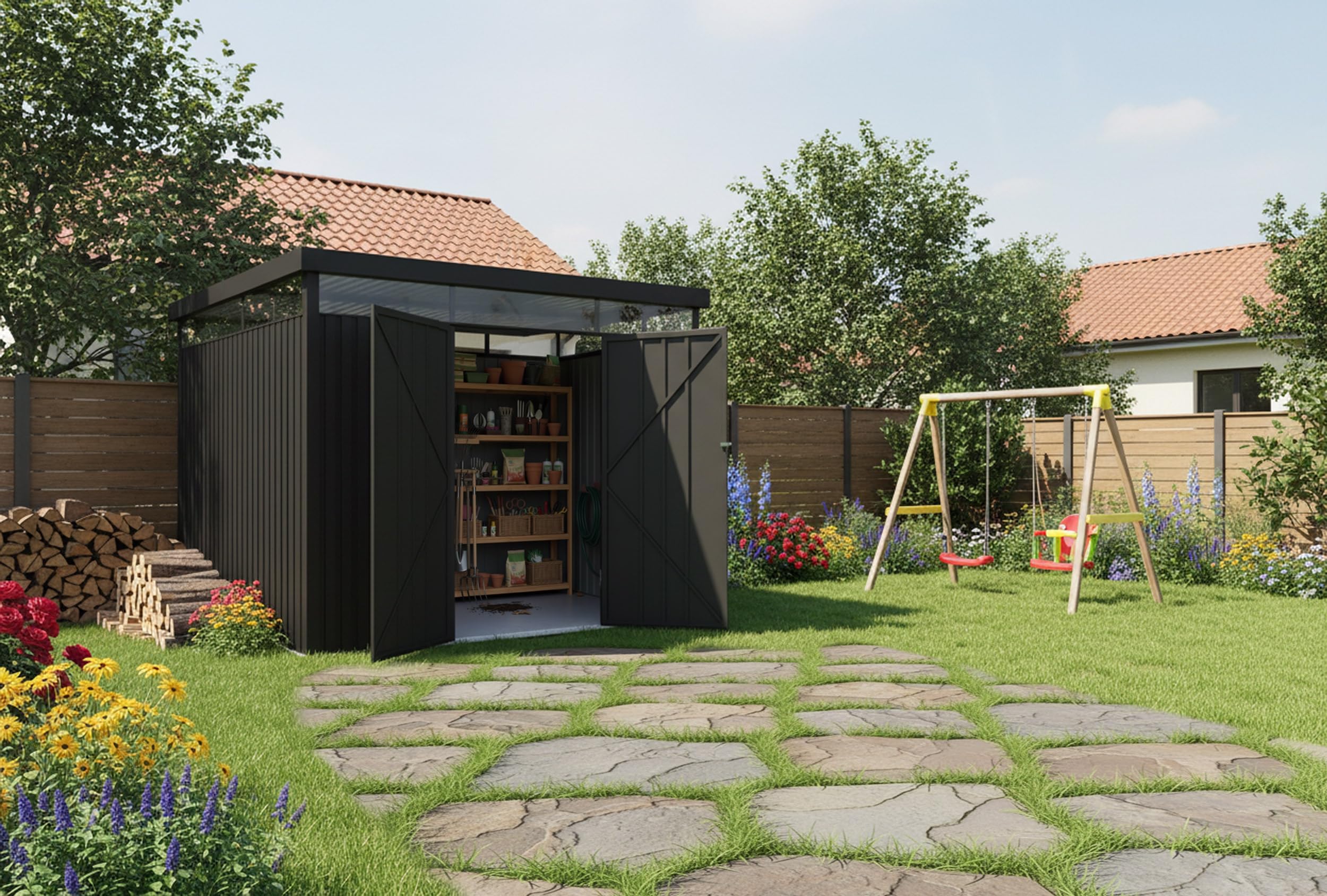 Wasabi Gartenhaus für den Außenbereich, Metall, 7,66 m², Quarz – Dicke 0,40 mm, robust – Lampe inklusive – Schloss mit Schlüssel – 360° Dachfenster – Flachdach – robustes Lagerhaus – 296 x 259 x 218