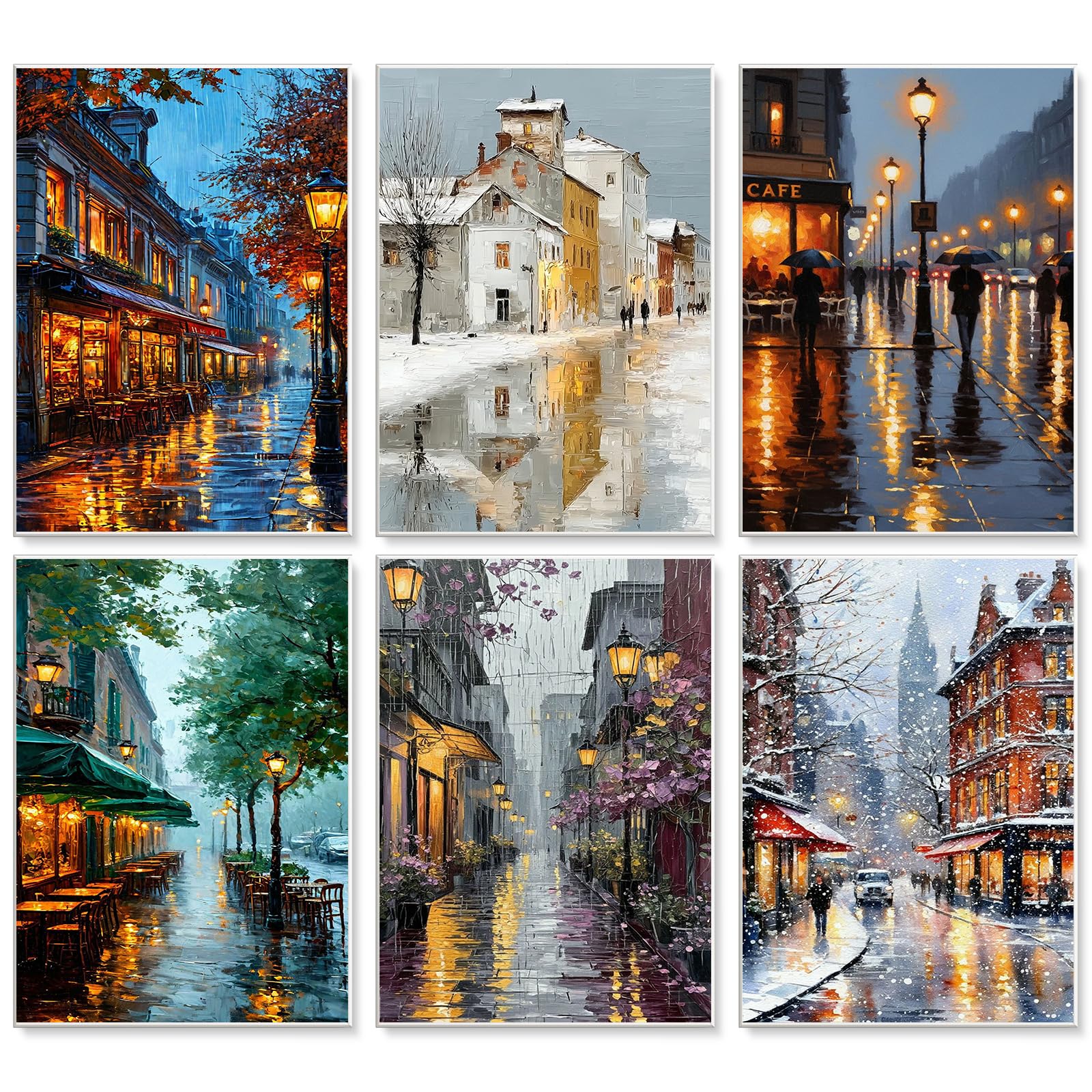 6 Pack Street View Paint by Numbers for Adults Canvas Without Frame, DIY Painting by Numbers for Adults Rainy, Easy Acrylic Paint Kit Arts and Crafts Adult Beginners for Home Wall Decor Gift 25x35cm — image 1