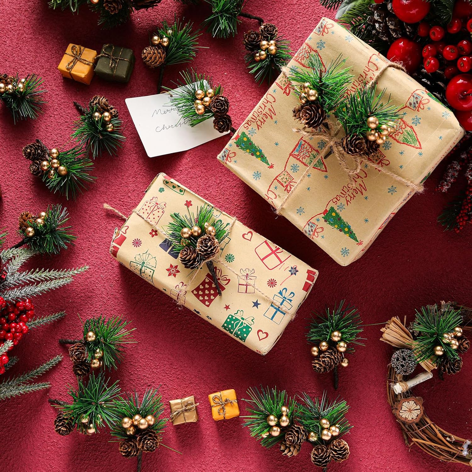 WILLBOND 24 Pieces Christmas Floral Picks, Artificial Pine Picks Christmas Pine Needles Branches with Berry Pinecones Fake Berries for Flower Arrangements Wreaths Xmas Tree Decoration(Gold)
