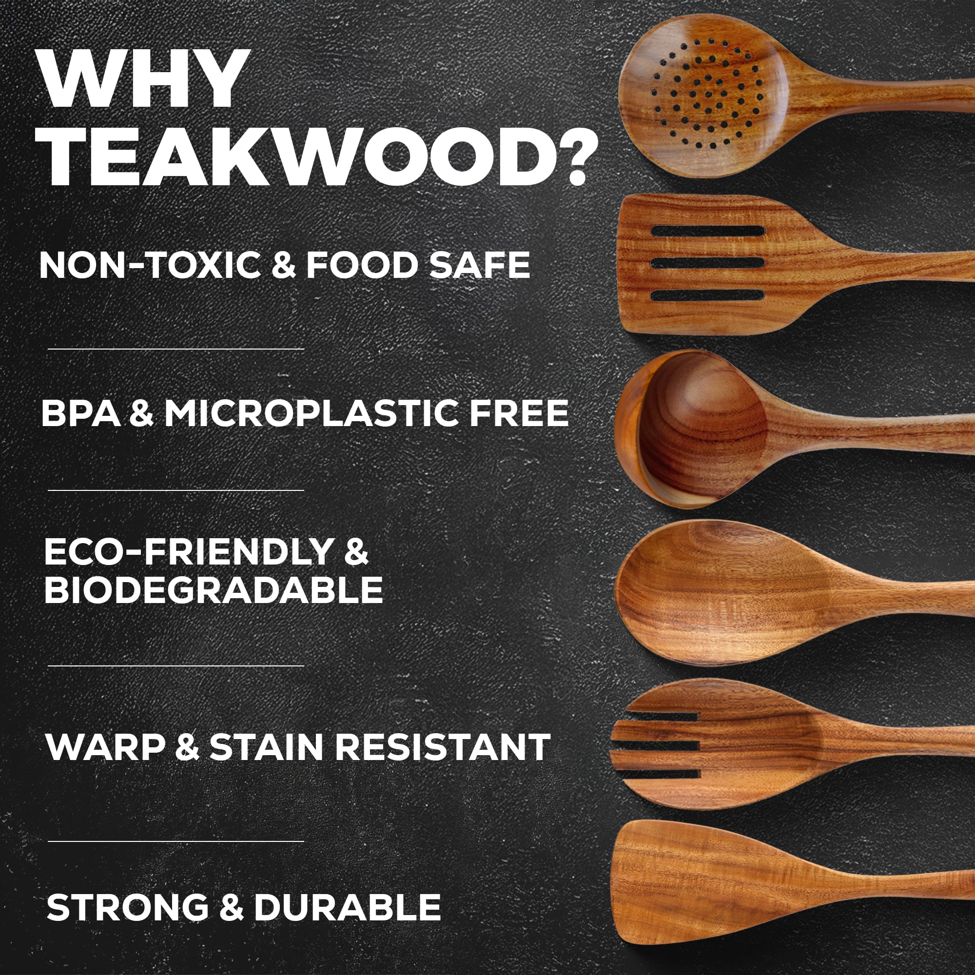 Zulay Kitchen Lot de 6 ustensiles de cuisine en bois extra-larges - Ustensiles de cuisson en teck lisse - Manche antidérapant non collant, spatule, écumoire, fourchette, cuillère de service