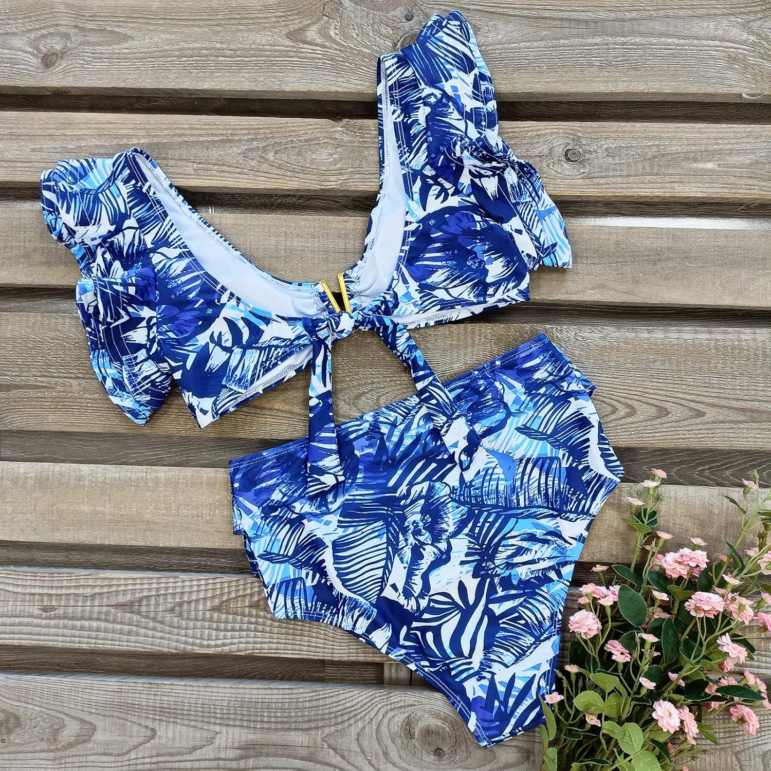 SPORLIKE Women Ruffle High Waist Swimsuit Two Pieces Push Up Tropical Print Bikini - Image 5