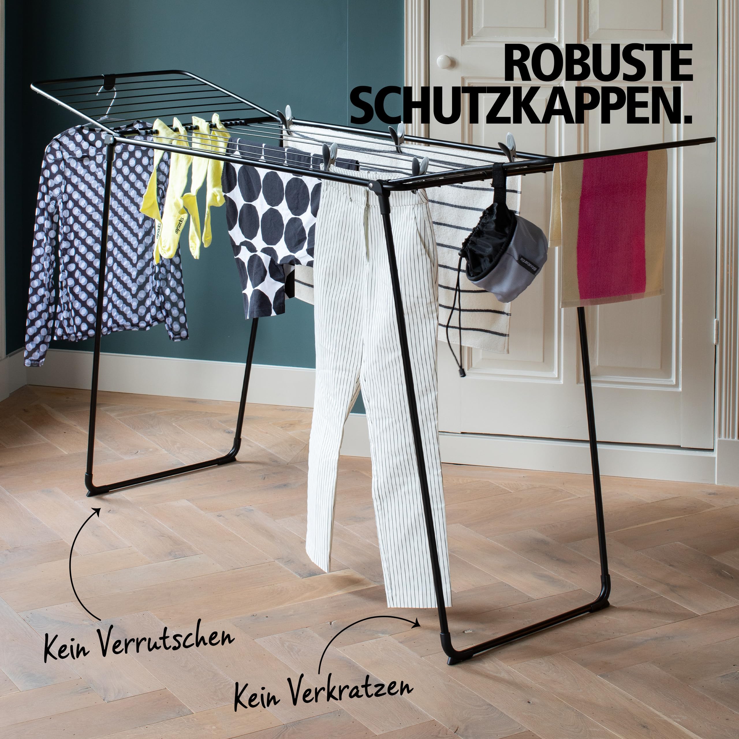 Brabantia HangOn Drying Rack, 18 m (Mattschwarz), Standtrockner mit Trockenfläche bis zu Zwei Waschladungen, Wäscheständer platzsparend, zusammenfaltbar, für große und kleine Wäschestöcke