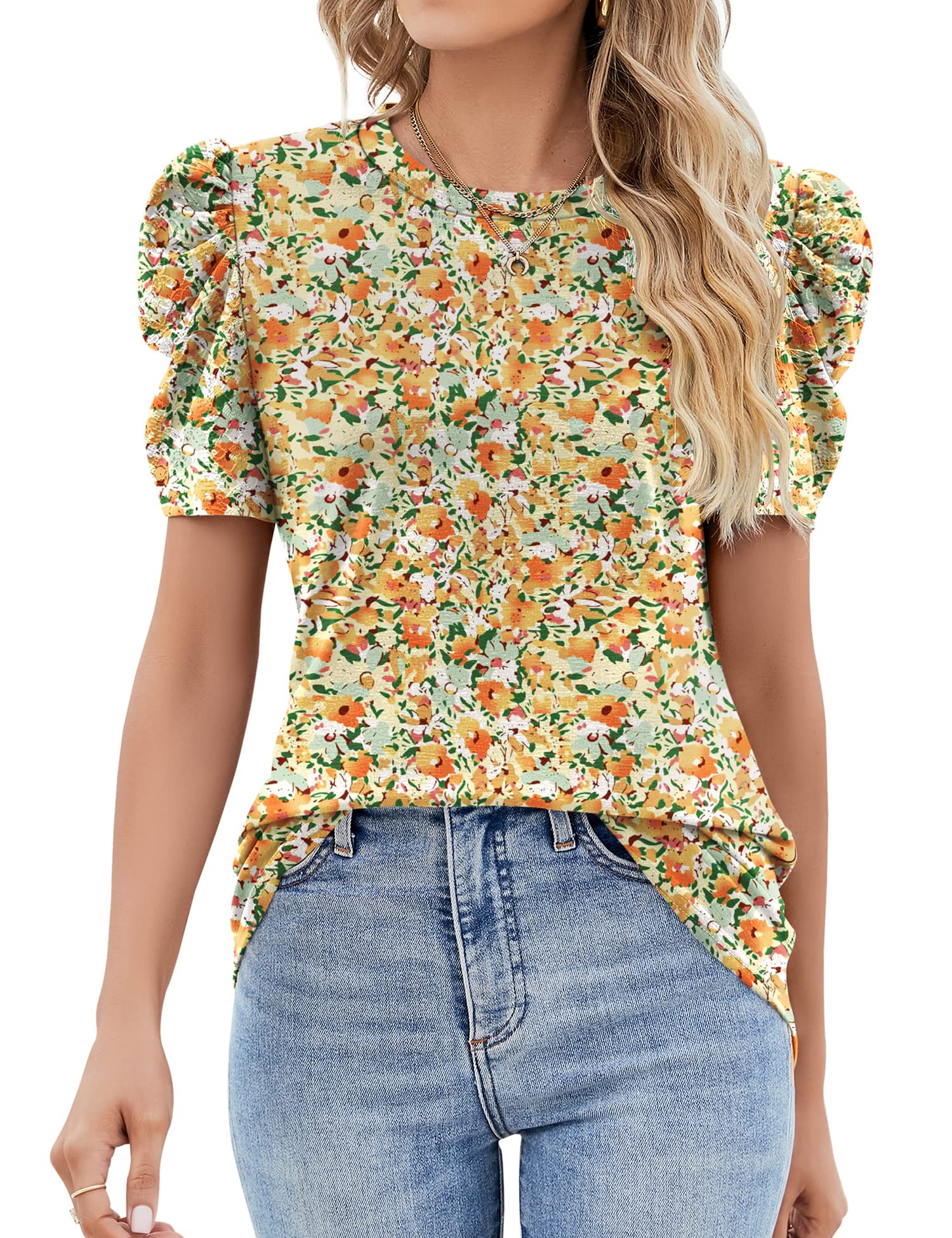 Ivicoer Puff Short Sleeve Shirt for Women Eyelet Tops Summer Crewneck Blouse Loose Fit S-XXL