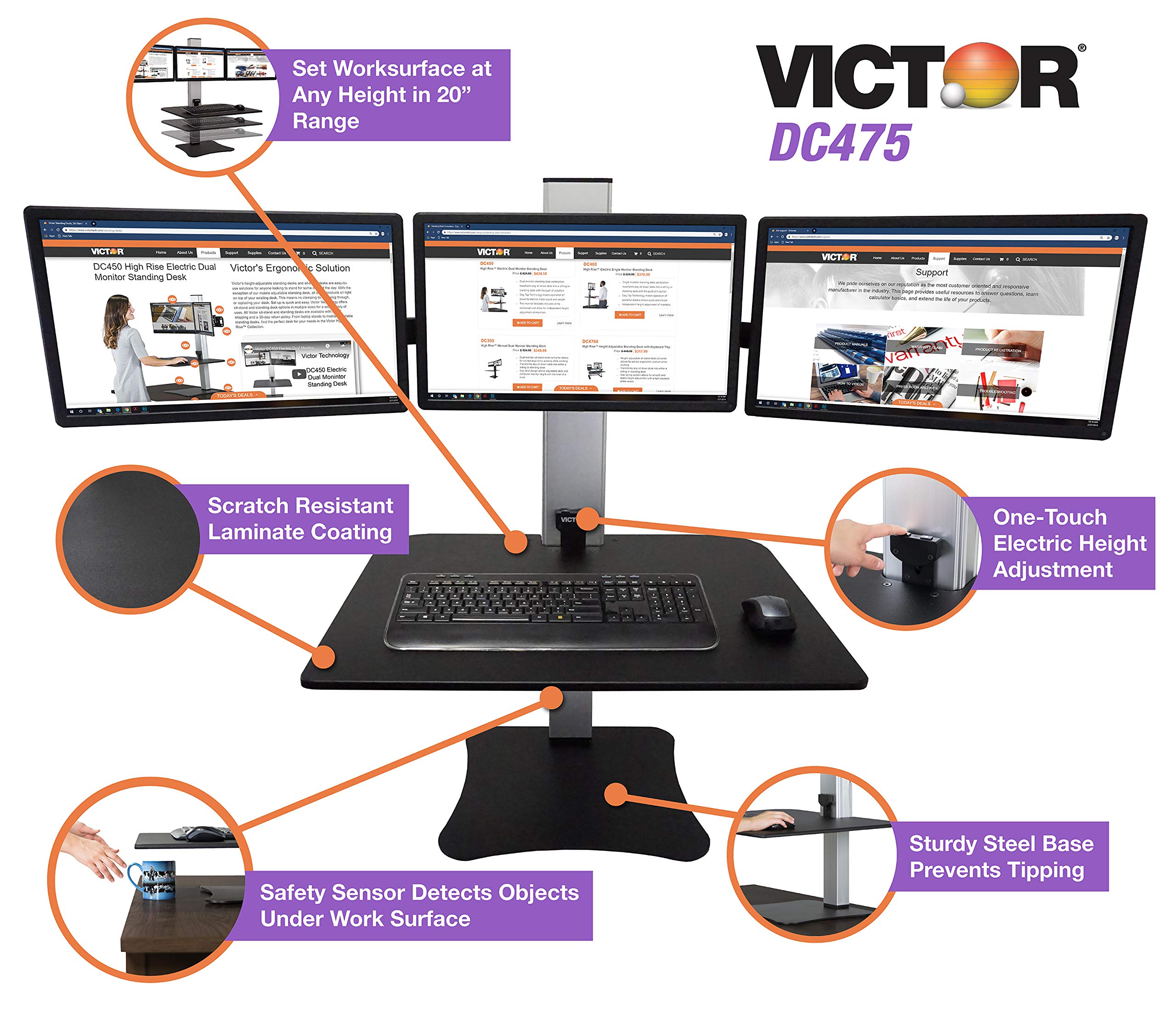Victor DC475 High Rise Electric Triple Monitor Standing Desk Converter