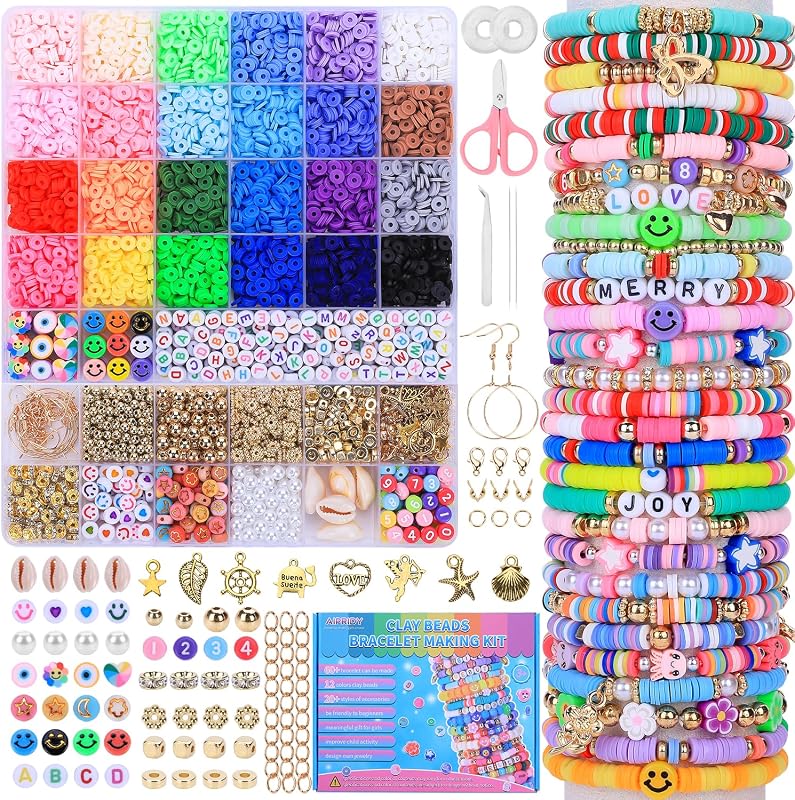 AIPRIDY Kit para hacer pulseras de juguetes para niñas, kit de actividades de joyería con cuentas de arcilla, manualidades, regalos de cumpleaños y Navidad para niñas de 5, 6, 7, 8, 9, 10, 11 y 12 años (24 colores, 6500 piezas)