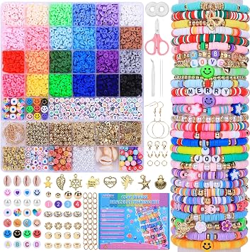 AIPRIDY Girls Toys Bracelet Making Kit, Clay Beads Jewelry Activity Kit, DIY Crafts Birthday Christmas Gifts for Girls Ages 5 6 7 8 9 10 11 12 Years Old 24 Colors 6500 Pcs