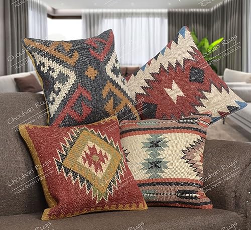 Chouhan Rugs - Juego de 4 fundas de cojín indias (7.1 x 7.1in, fundas de almohada estilo boho étnico de yute)