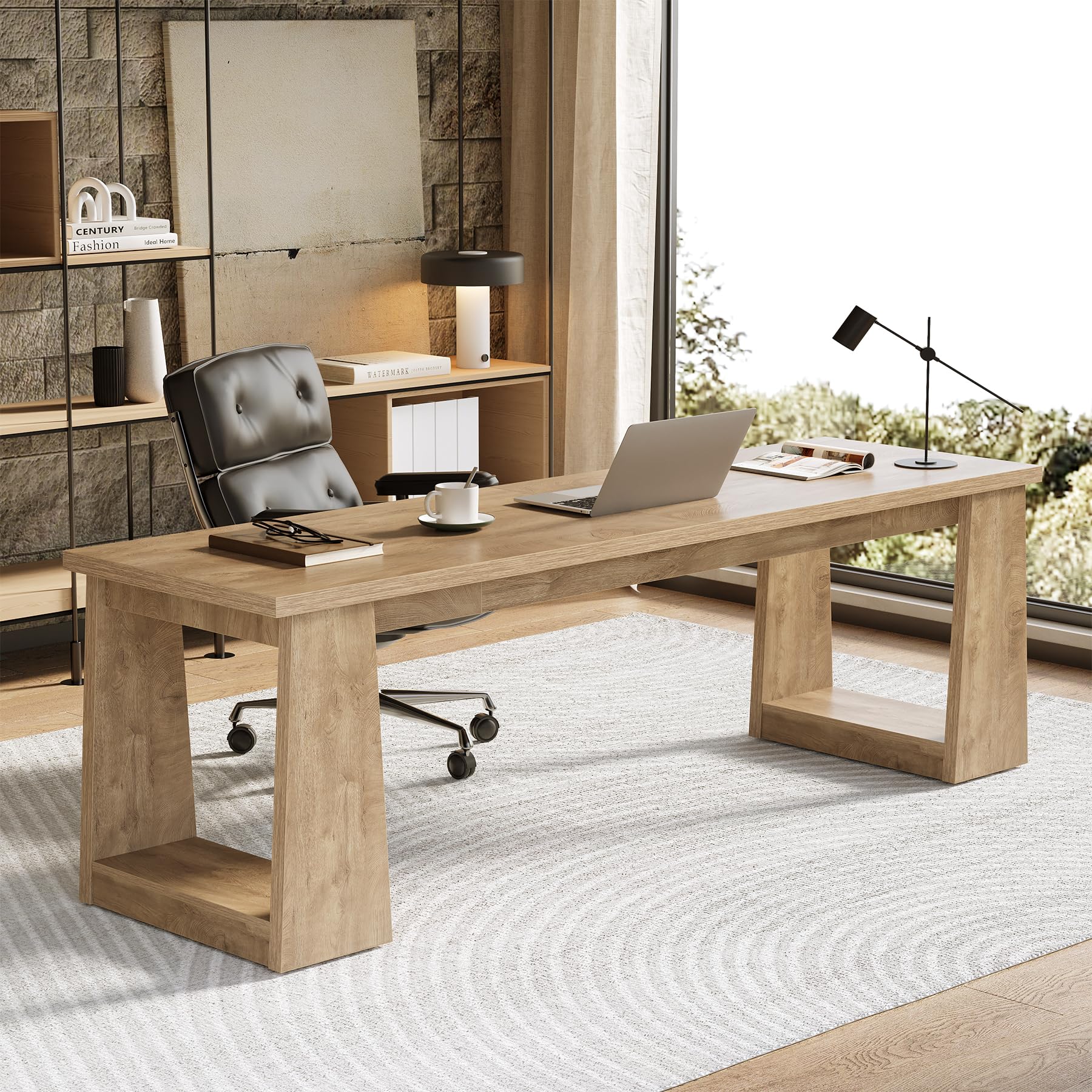 LITTLE TREE 86.6" Double Home Office Desks, Two Person Desk for 2 Person, Farmhouse Executive Computer Desk, Large Work Writing Table, Rustic Brown