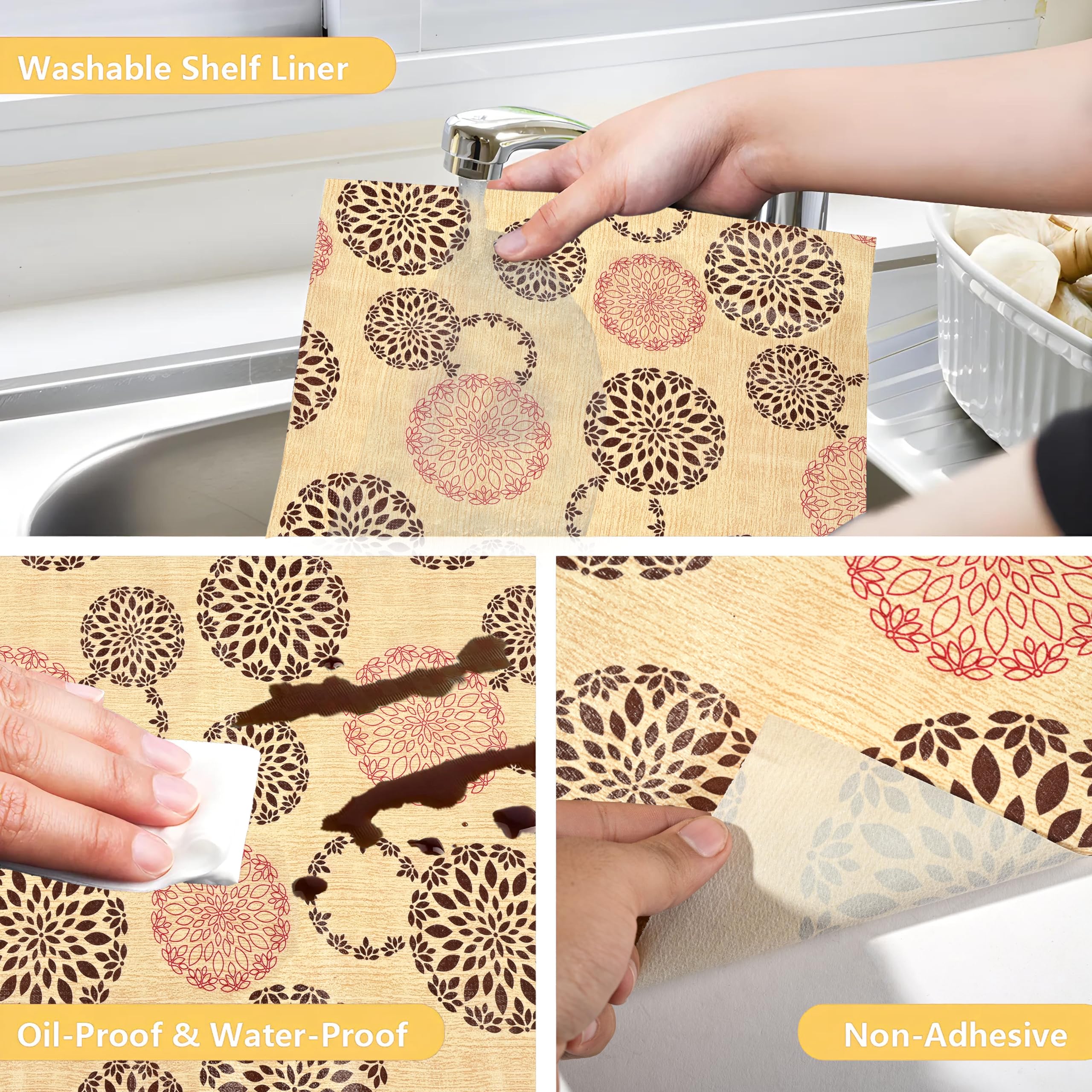 Kuber Industries Shelf Mat | Rangoli Print Shelf Liner | Placemat for Kitchen | Desk Mat | PVC Non-Slip Drawer Sheets| Kitchen Cabinet Shelf Liner | 5 Meter | Beige 3