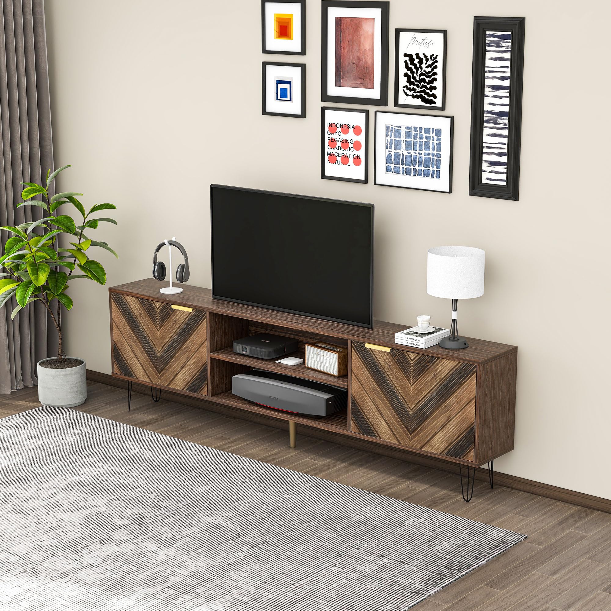 Niska szafka pod telewizor 155 x 38 x 48 cm, imitacja drewna, fornir z litego drewna z 2 drzwiami, złote uchwyty, żelazne nóżki, szafka pod telewizor do 65 cali, szafka pod telewizor, kredens, szafka