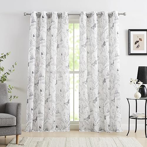 Miniatura 2 de Jubilantex Cortinas Semitransparentes de Hoja de Mariposa 84" L Paneles de Cortina para Dormitorio de Niños, Estampado Negro sobre Blanco Cortinas