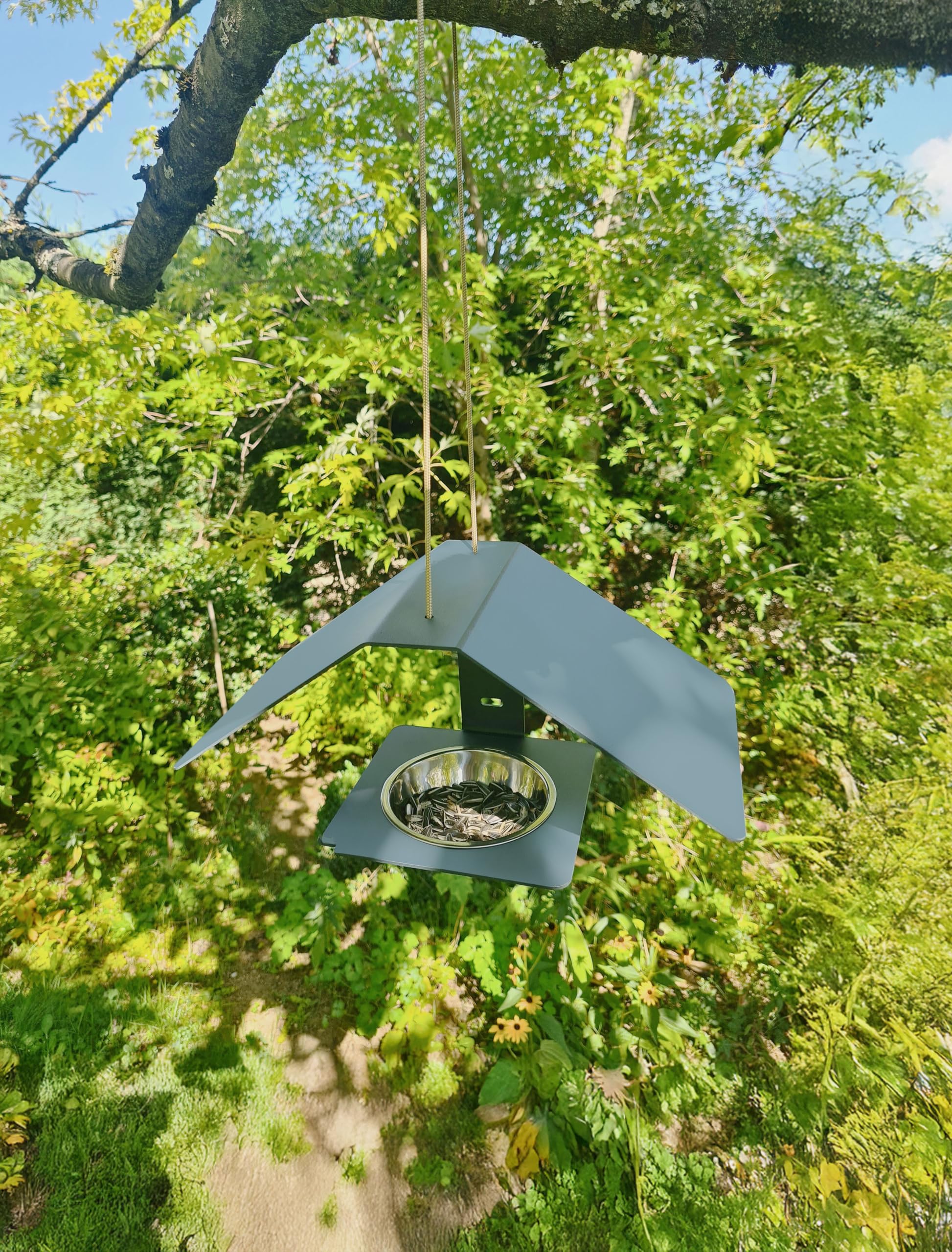 Mangeoire à Oiseaux Zéphyr Louis Moulin – Métal Anthracite Robuste – Suspendue ou Murale – Design Moderne – Gamelle INOX Amovible – Résistante au Gel et UV – 31x16x14,5 cm