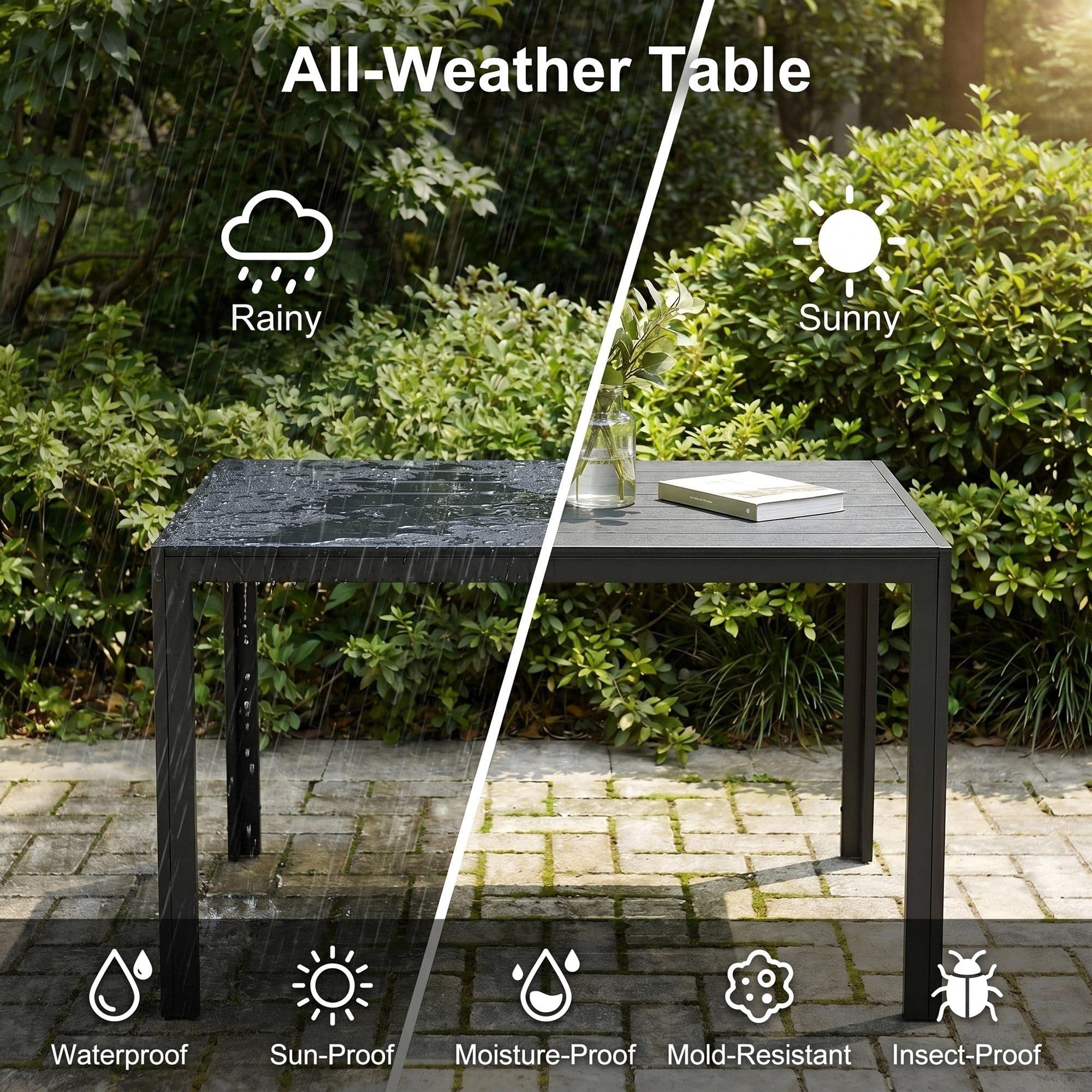 LIFERUN Gartentisch Wetterfest 110x70 cm WPC, Balkontisch Aluminium | Rechteckiger Terrassentisch, Rutschfester Esstisch Garten für 4-6 Personen, Brettbreite 9cm, Schwarz