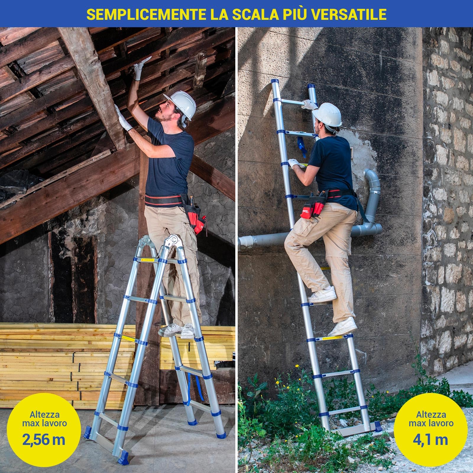 Scala telescopica articolata in alluminio 3,2 m (1,6 + 1,6) Stempakt Hostrom, leggera, compatta e pieghevole, altezza di lavoro massima 4,1 m, carico massimo 150 kg, garanzia di 5 anni