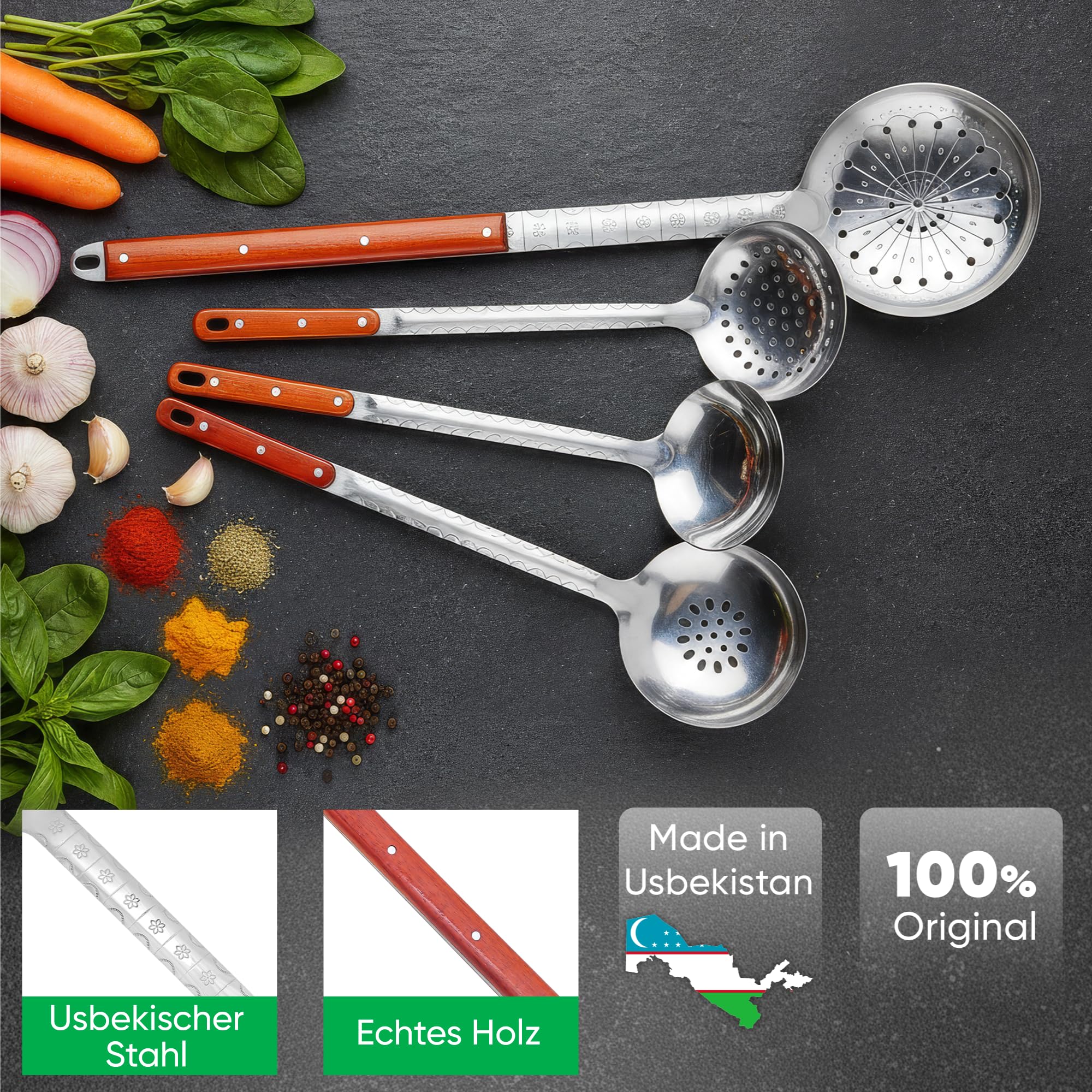 Feuerofen Ø 44cm Herdplatte Ø48 cm Kazan Ø 46,5 cm (16 L) runder Boden Thermometer Schornsteinverlängerung 2Schaumlöffel Schopfkelle 48 cm Schaumlöffel 64 cm (Set - 572)