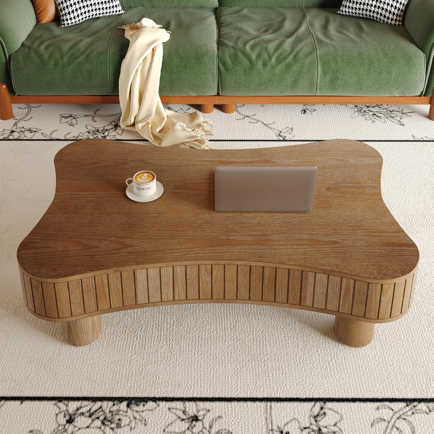 Lift Top Coffee Table with Storage, 42" Fluted Wooden Coffee Table with Lifting Top, 4 Sturdy Legs & Curved Safety Corners, Modern Center Table for Living Room Apartment Home Office, Walnut