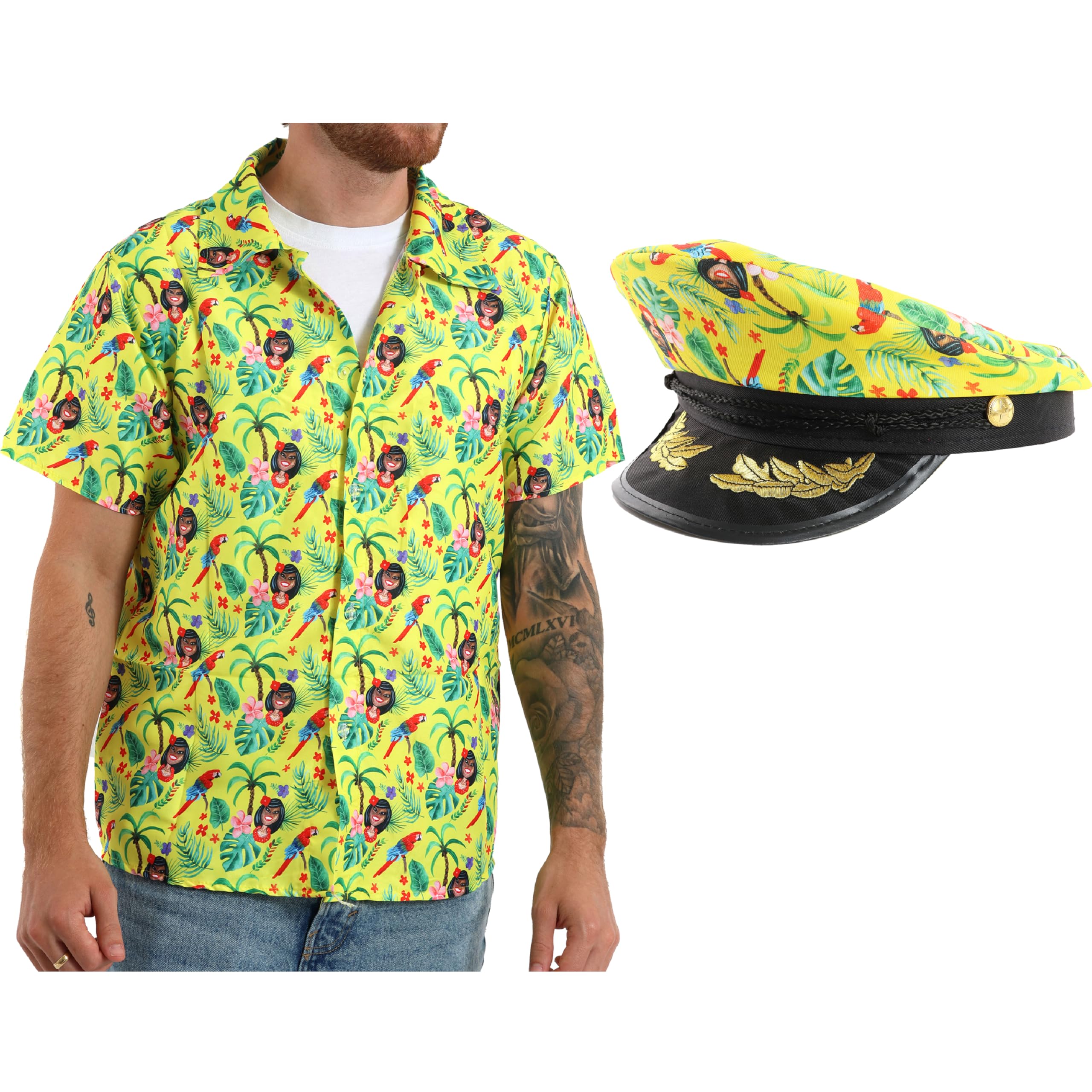 Yellow Hawaiian Shirt and Yellow Hat - Large - Hawaii Tropical Short Sleeve Shirt and Sailor Hat - Perfect for Stag Do/Hen Do Fancy Dress Summer Beach Parties and Other Fancy Dress Events