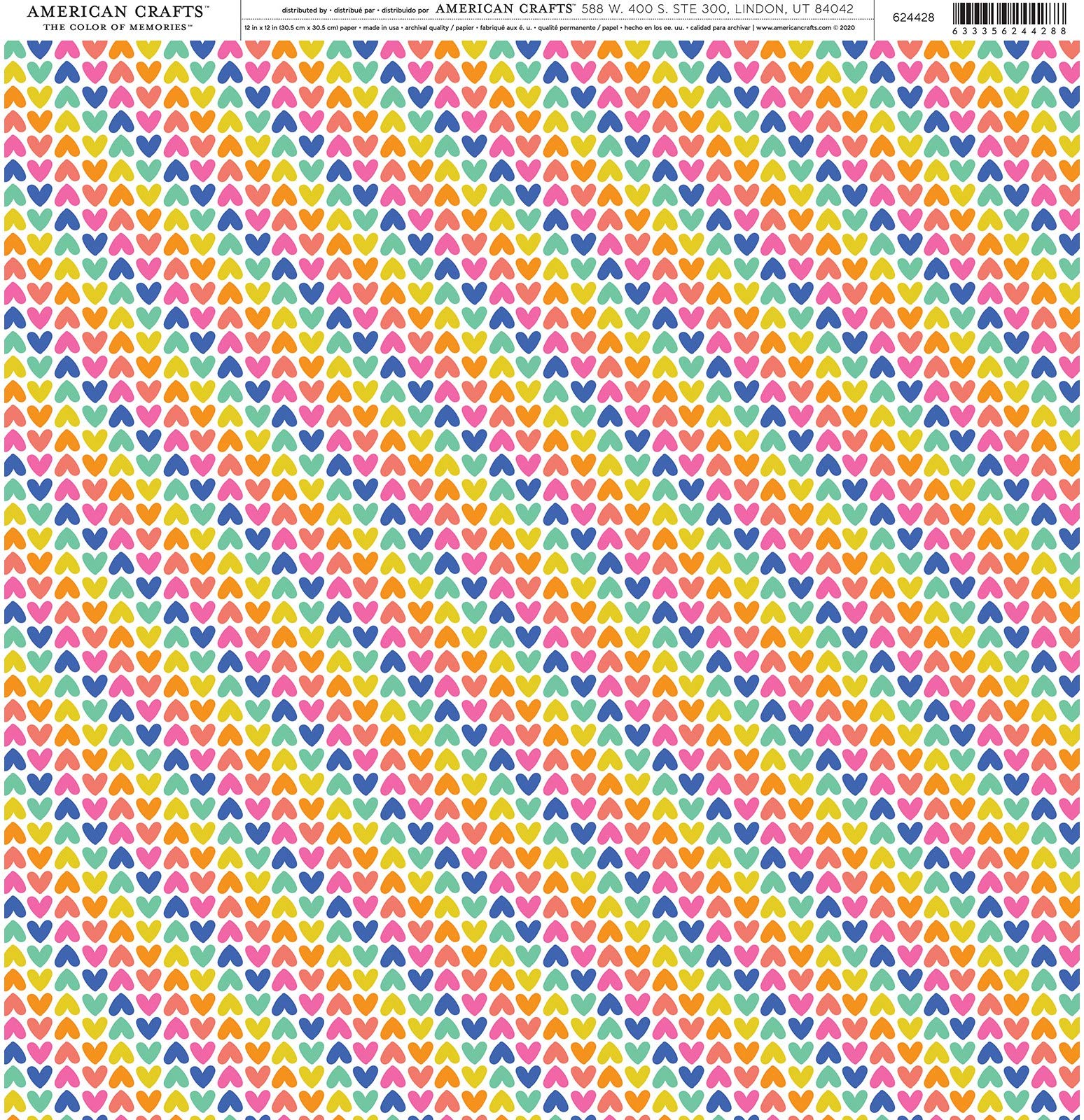 American Crafts Single Sided 12X12 RBOW, Rainbow Hearts