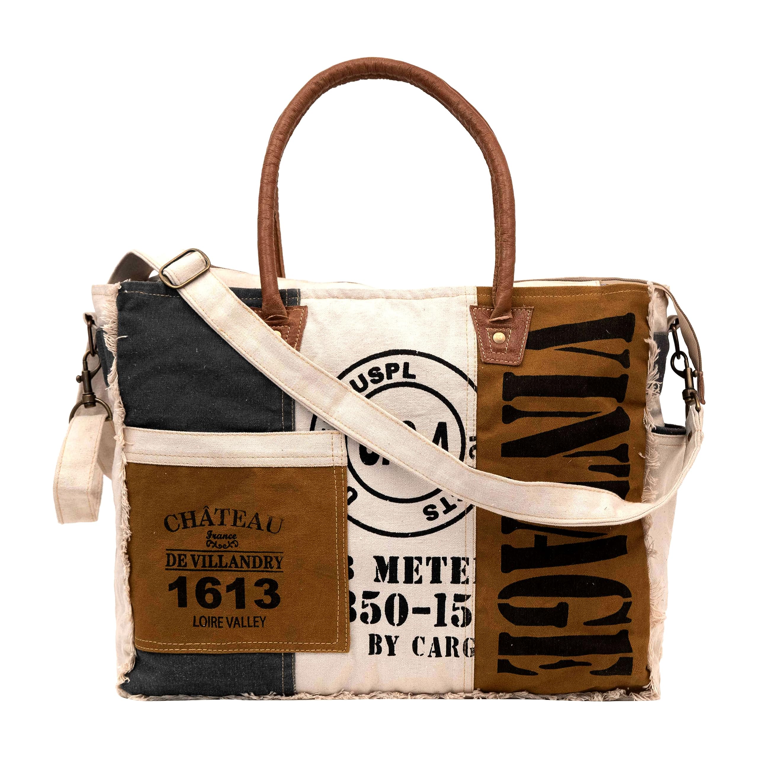 Shy Shy Bags SEL de MER Upcycled Large Upcycled Canvas Crossbody Bag & Cowhide Tote Bag, Upcycled Canvas & Cowhide Leather Handbag Bag for Women