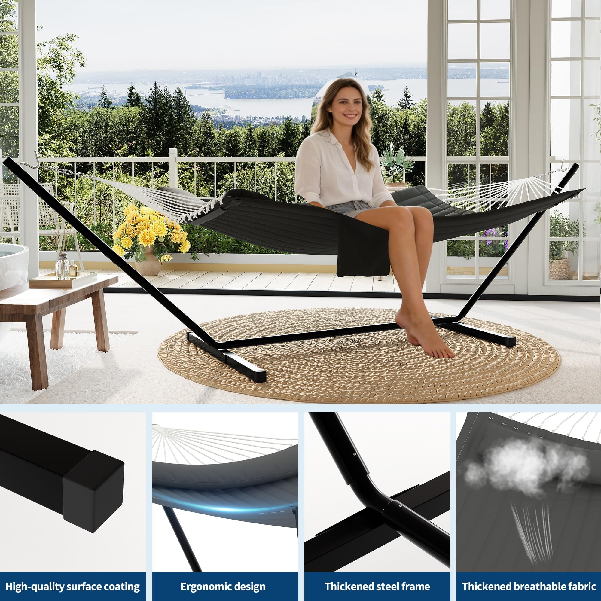 Doppel-Hängematte mit stabilem Gestell & Kissen – bis 450 kg belastbar – große Outdoor-Hängematte für 2 Personen – inklusive Balancierseil – ideal für Garten, Terrasse, Poolbereich – Farbe: Dunkelgrau