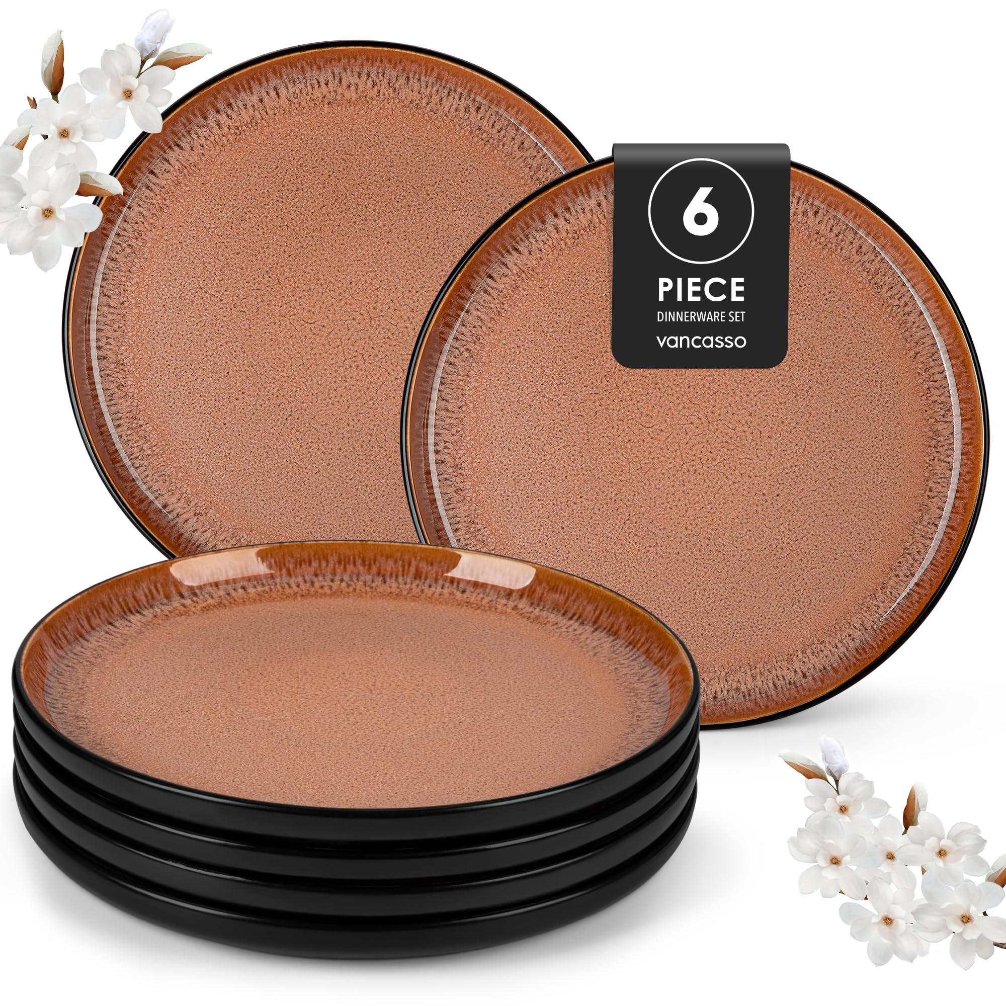 vancasso Amber Dinner Plates Set of 6, 10.5in Ceramic Plate, Microwave and Dishwasher Safe, Scratch Resistant and Lead-Free, Unique Handmade Dessert Plate for Kitchen and Entertaining(Red)