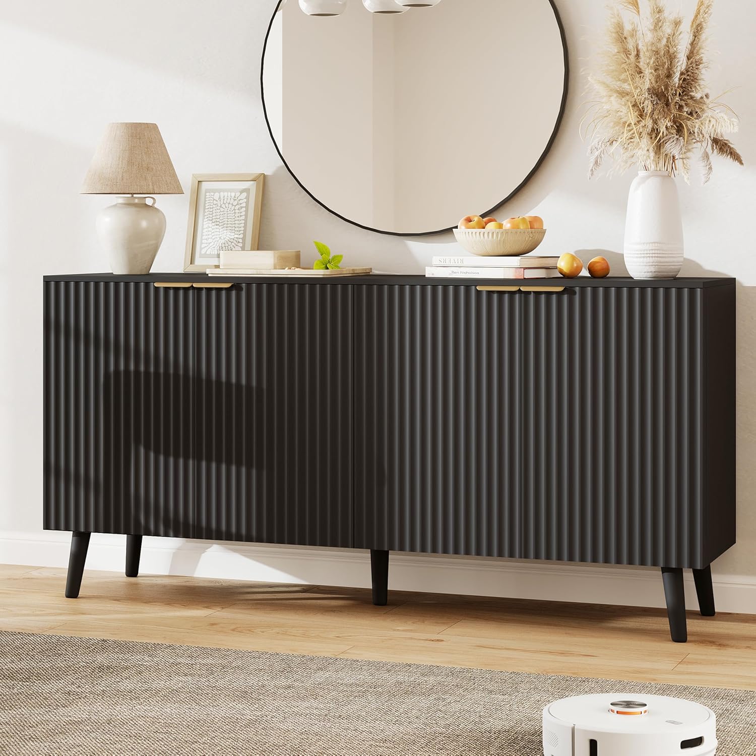 Luoxiao Sideboard Buffet Cabinet with Storage 55'' Fluted Accent Cabinet Modern Entryway Table with 4 Doors Coffee Bar Credenza for Living Room Dining Room Kitchen Hallway Black