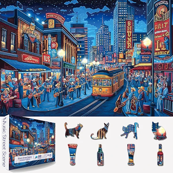 500 Piece Puzzles for Adults Clearance, Street Blues Cityscape Vintage Night Scene with Musicians Hard Difficult Challenging Unique Puzzles for Gifts Party Games Family Fun