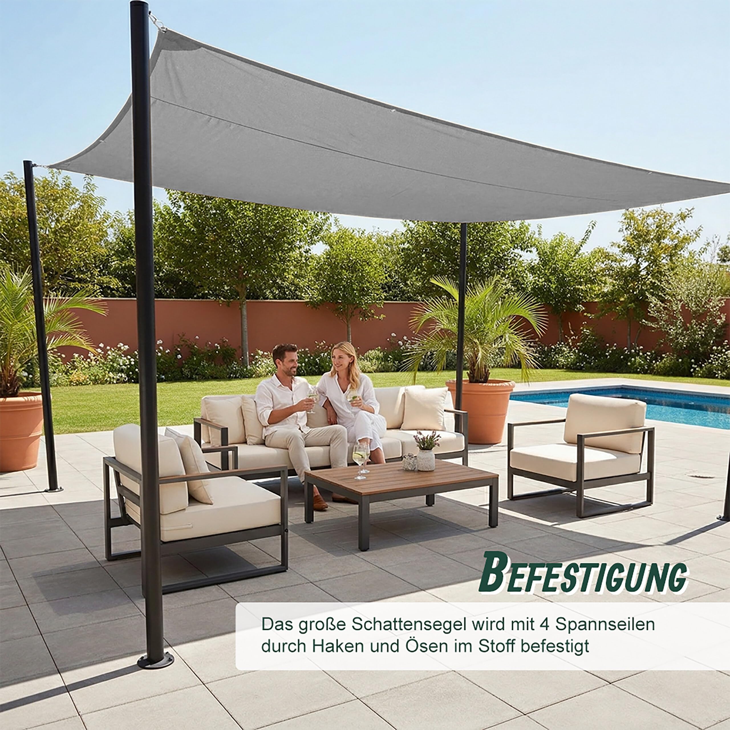 Relaxdays Sonnensegel rechteckig, wasserabweisend, UV-beständig, mit Spannseilen, Terrasse, Balkon, B x T: 3 x 4 m, grau