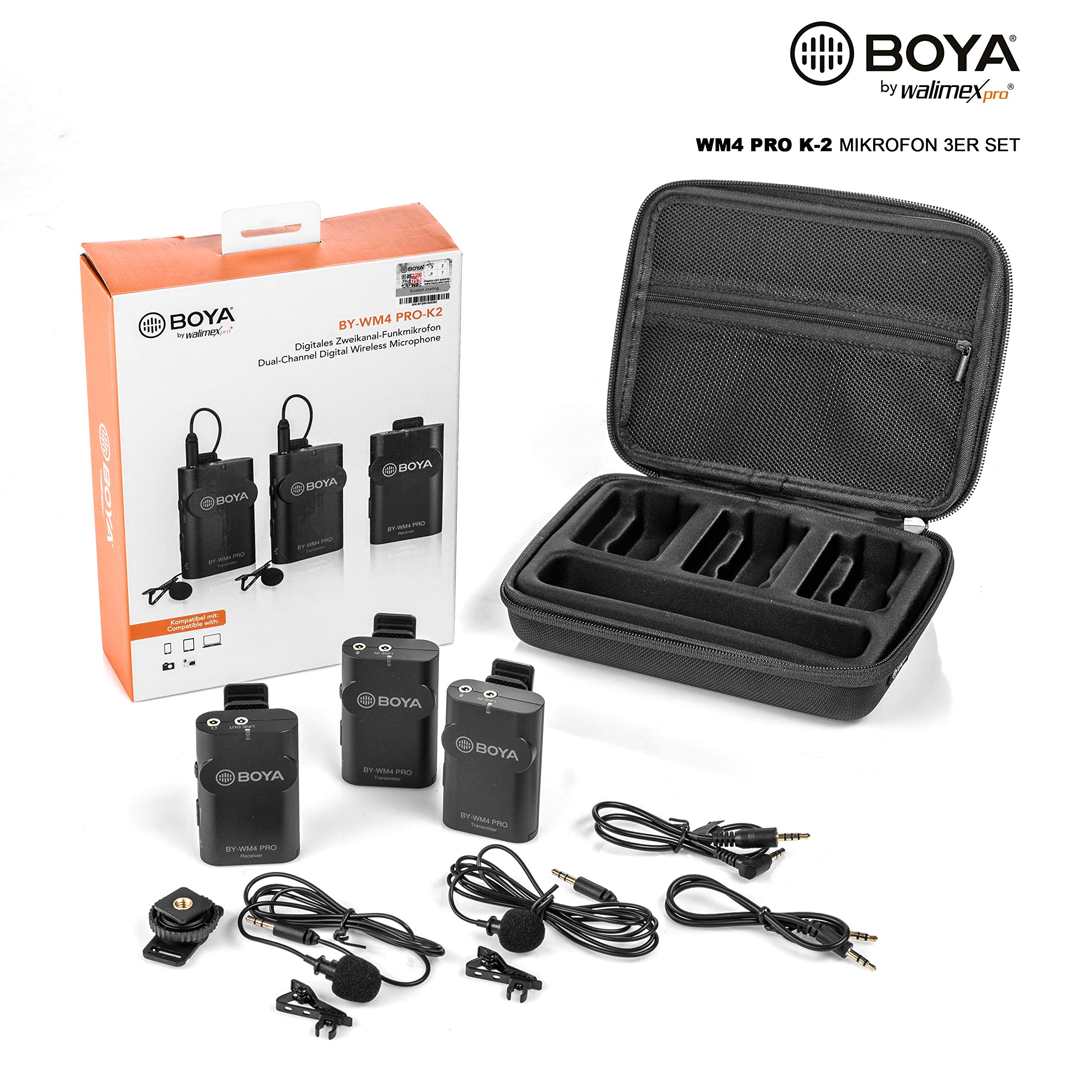 walimex pro Boya WM4 Pro K-2 Kit Lavalier Wireless con 2 Trasmettitori e Ricevitore, Portata 60 m, cavo 120 cm, per video e audio