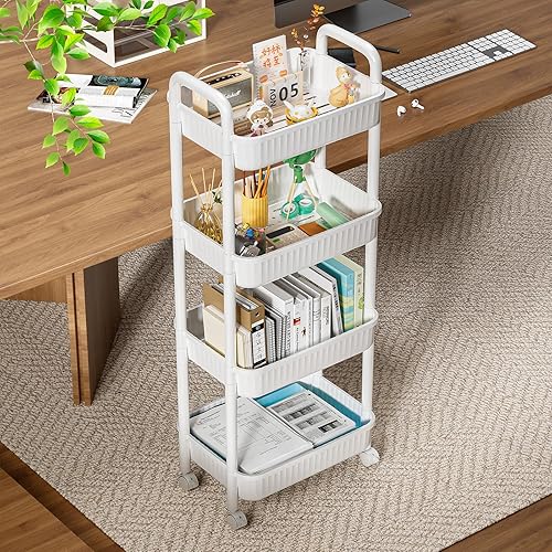 Miniatura 6 de JOYZAN Carros rodantes de 4 niveles con ruedas, carrito utilitario con asa y ruedas de bloqueo, carrito de almacenamiento para cocina, oficina,