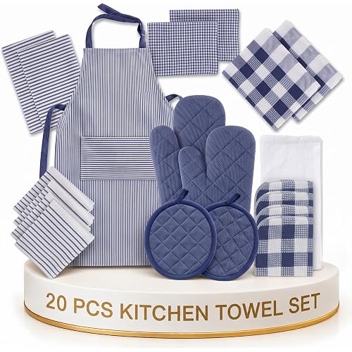 LANE LINEN Flour Sack Towels & Kitchen Towel Set 20 Pc - Premium Cotton Tea Towels for Bread Baking, Super Absorbent Dish Cloths for Washing Dishes, Multipurpose Kitchen Rags & Oven Mitt Set - Indigo