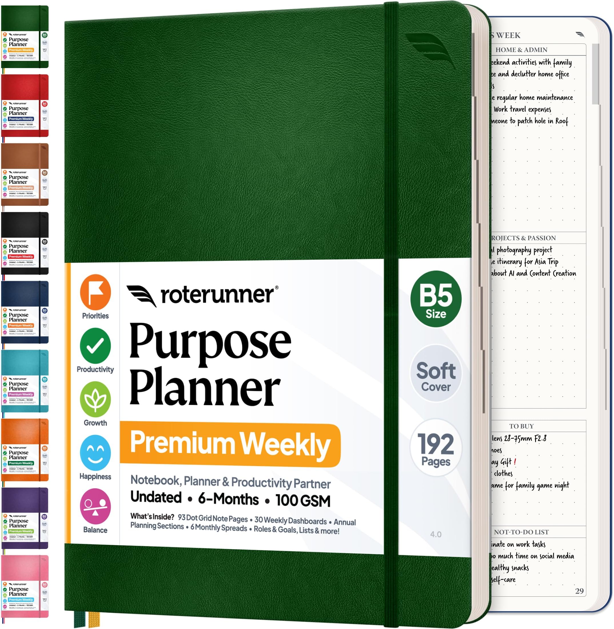 Roterunner Purpose Planner Notebook B5 7.5โx9.8โ Undated 2026 Daily Weekly and Monthly Productivity Goal Setting Tool for Work Home ADHD Planner for Adults Self Care Journal