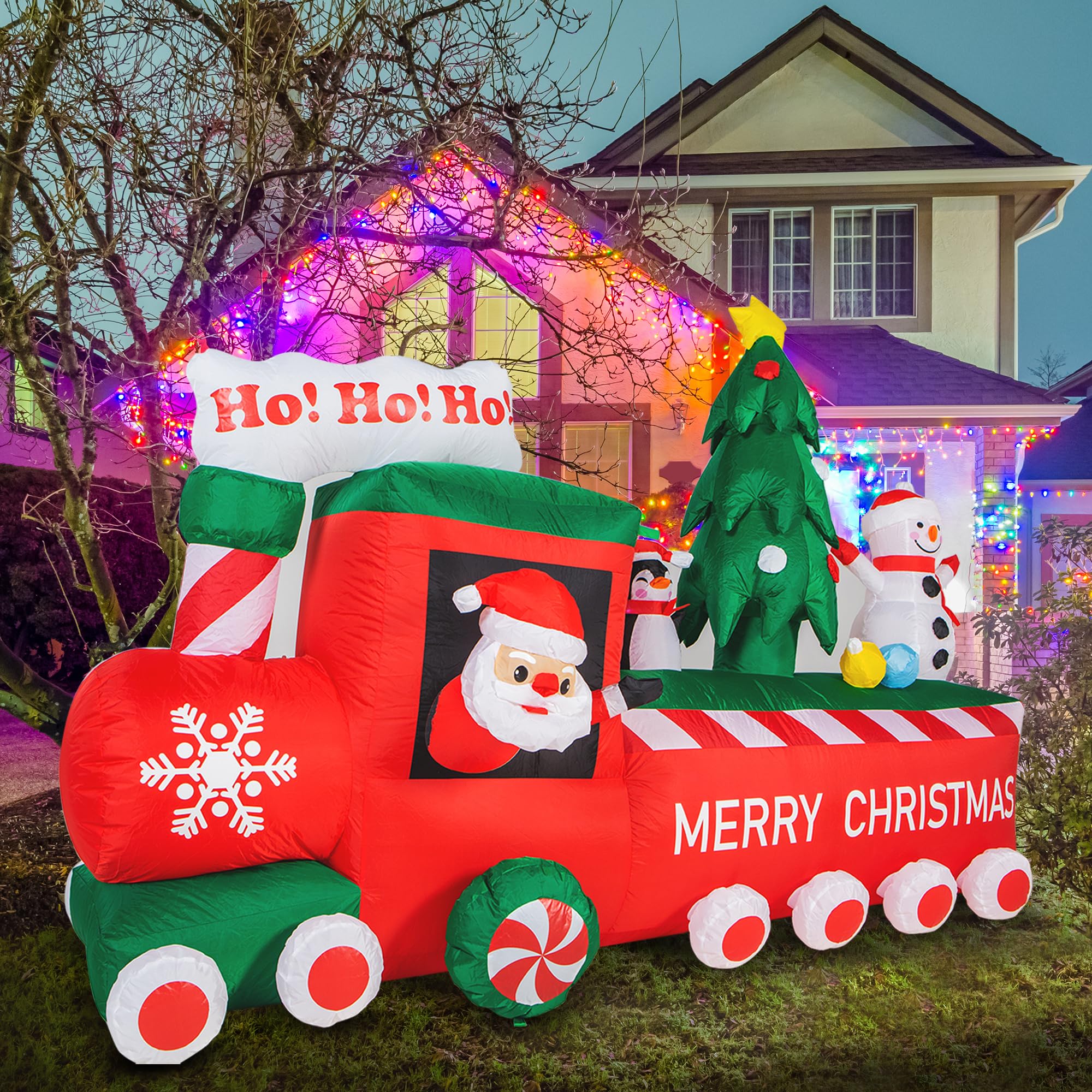 8Ft Christmas Inflatables Train Outdoor Decoration, Santa Claus Christmas Yard Decoration with Penguin & Snowman Blow Up Christmas Tree Decorations Built-in LED Lights Xmas Decor for Lawn