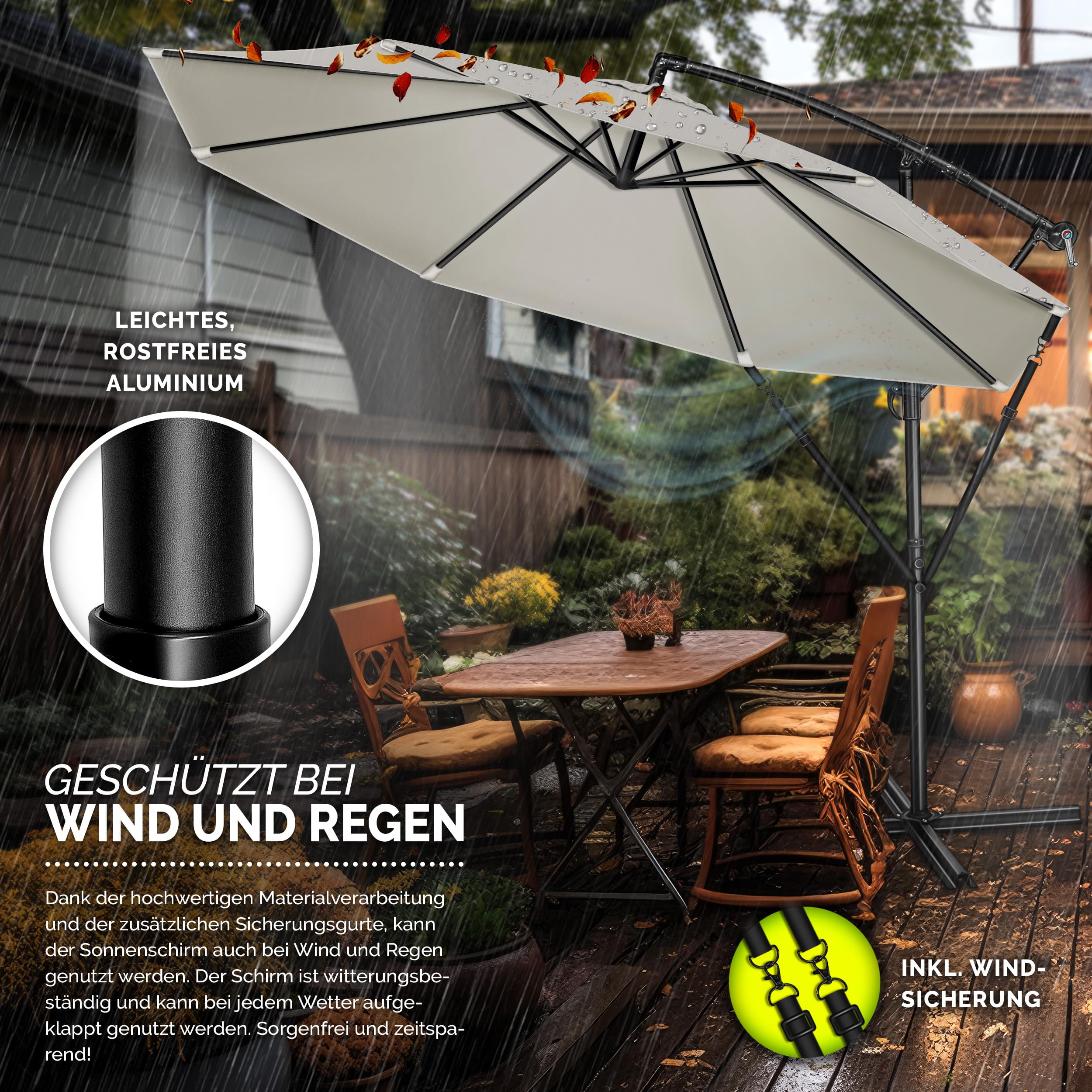 tillvex Alu Sonnenschirm + Abdeckung Ø 300 cm mit Kurbel | Ampelschirm mit Ständer & Windschutz | Gartenschirm UV-Schutz Aluminium | Kurbelschirm wasserdicht 360° drehbar